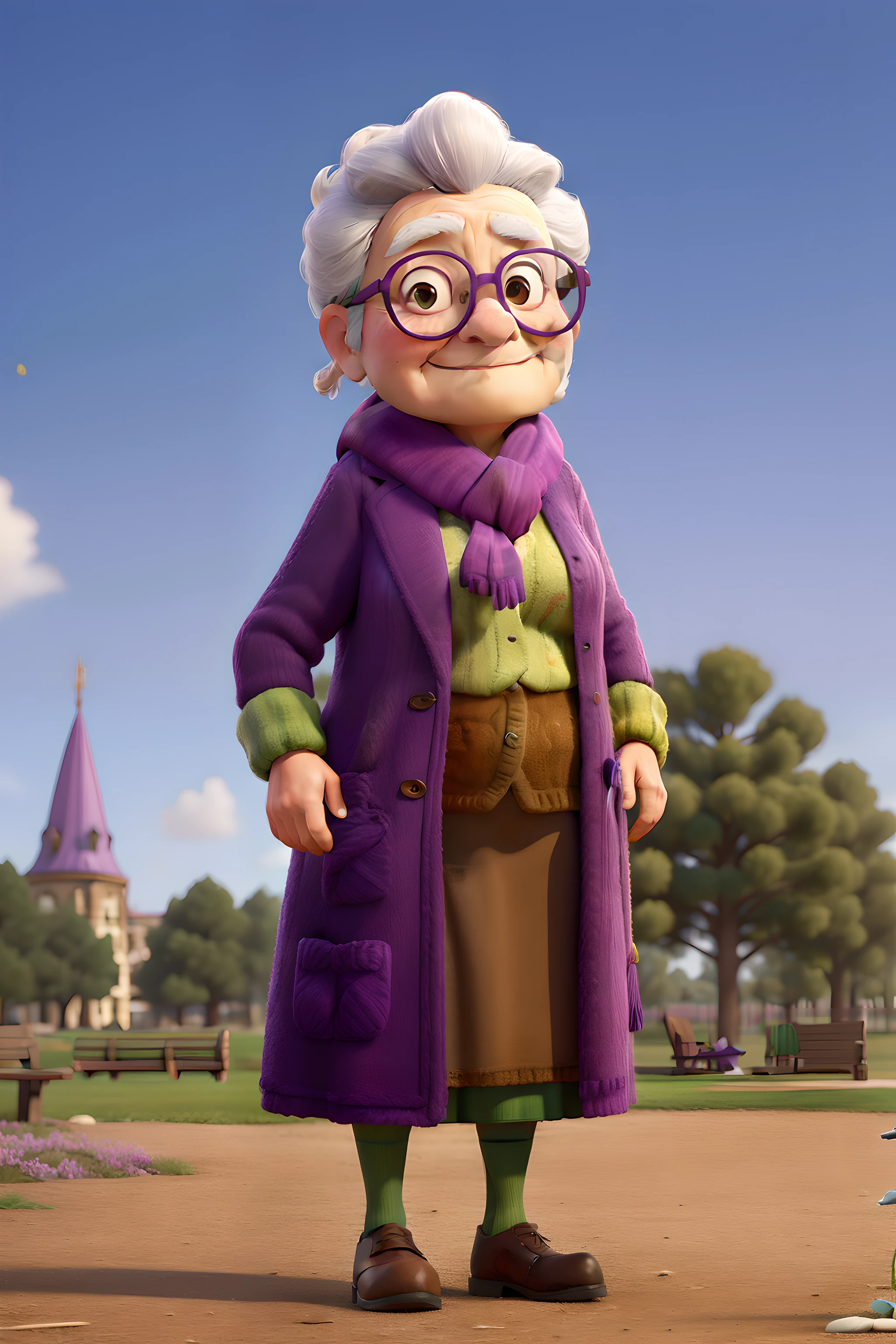 masterpiece, best quality, an old woman with glasses and a scarf on, wearing a purple coat and green scarf, standing at the park