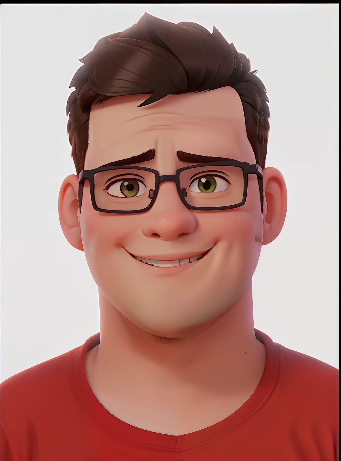 A chubby young man with short hair and glasses stands in front of him, sorriso envergonhado, camisa vermelha, fundo branco, graves