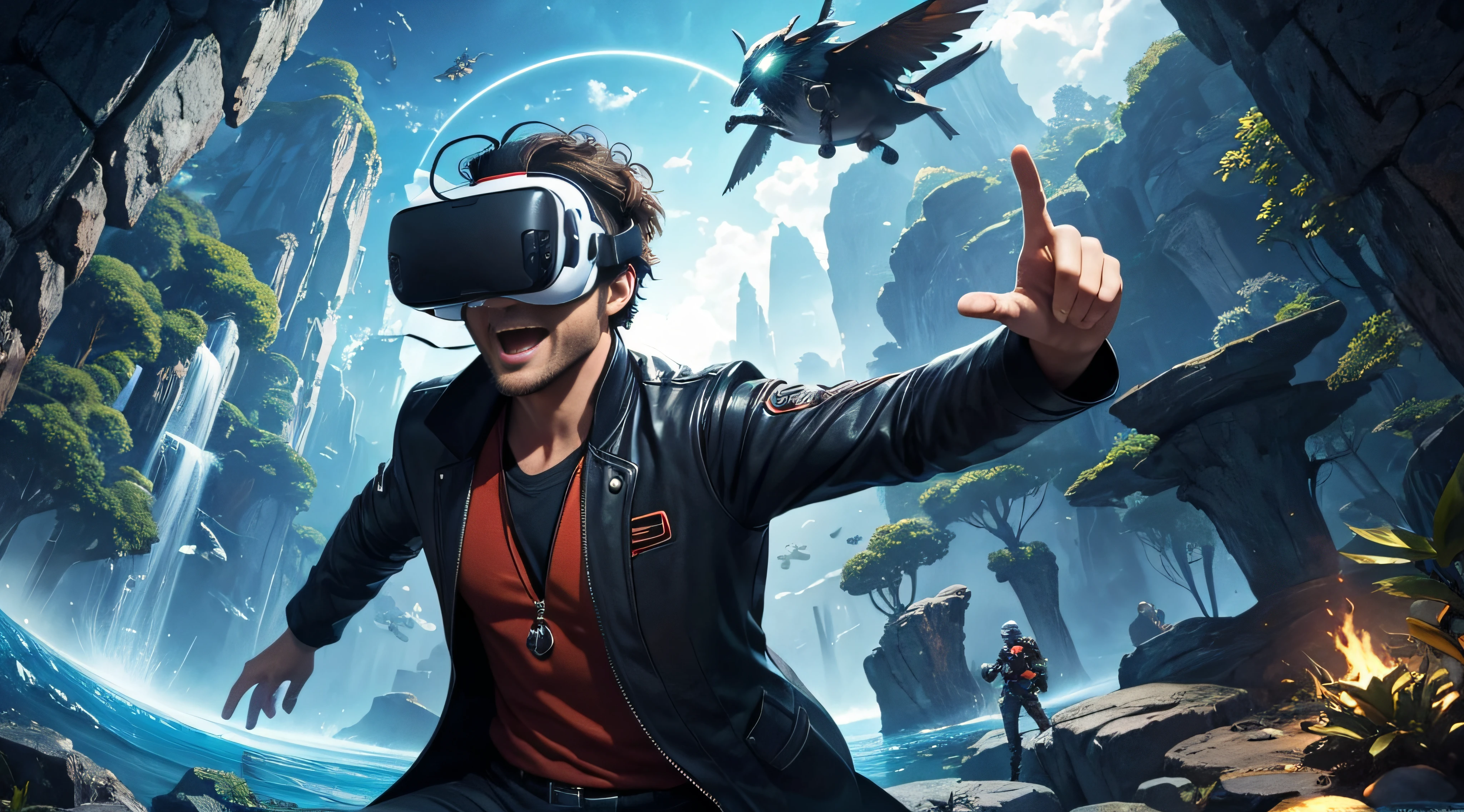 In the animated scene, a lively and enthusiastic man is wearing virtual reality glasses. His face displays an expression of excitement as he interacts with the virtual environment. The scenery around him is full of icons and elements representing various games. There are colorful characters and scenes characteristic of different games floating or emerging around you. These games represent a variety of genres and styles, creating a dynamic and lively environment. The man, immersed in this universe, seems involved in a journey of entertainment and adventure provided by the virtual games around him.