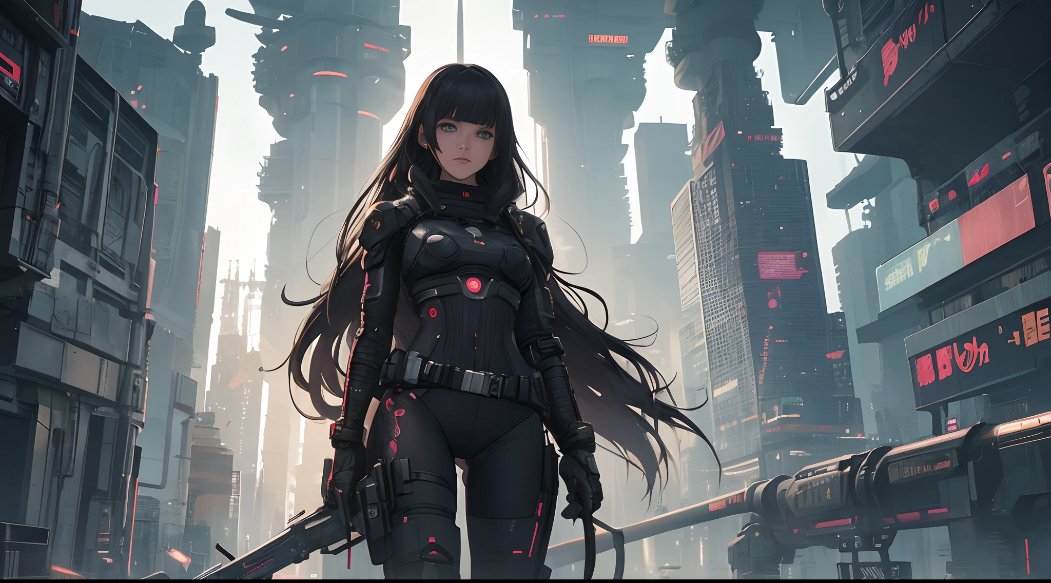 cyberpunk 1 girl with long hair, silhouette, full body, in space