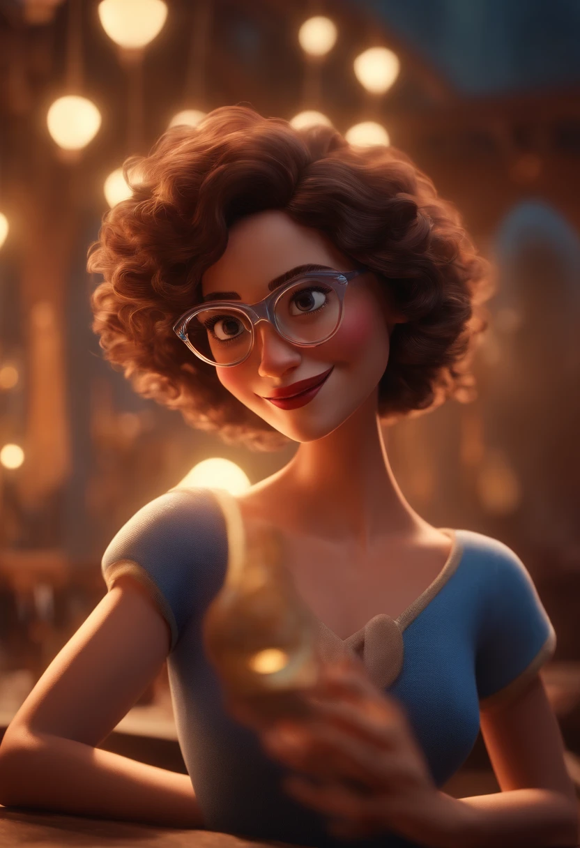 Pixar style image with 3D character white glasses brunette woman short curly hair dancing, Maquiagem Disney,Pescador, bonitinho, sorridente ,Close-up, Pixar, Disney, Cinema lighting,