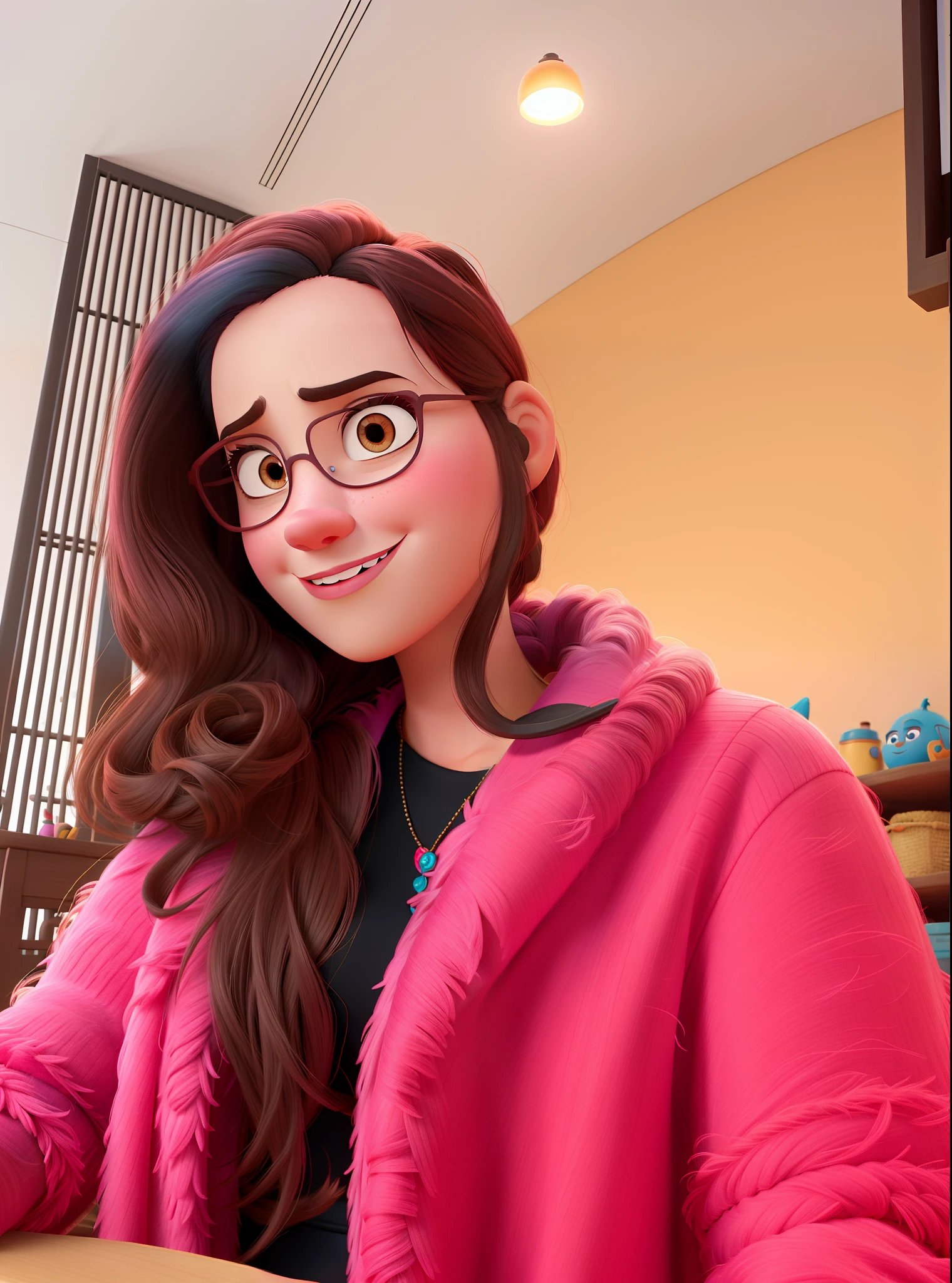 poster no estilo disney pixar, uma mulher branca de casaco rosa e blusa preta, estilo Disney pixar