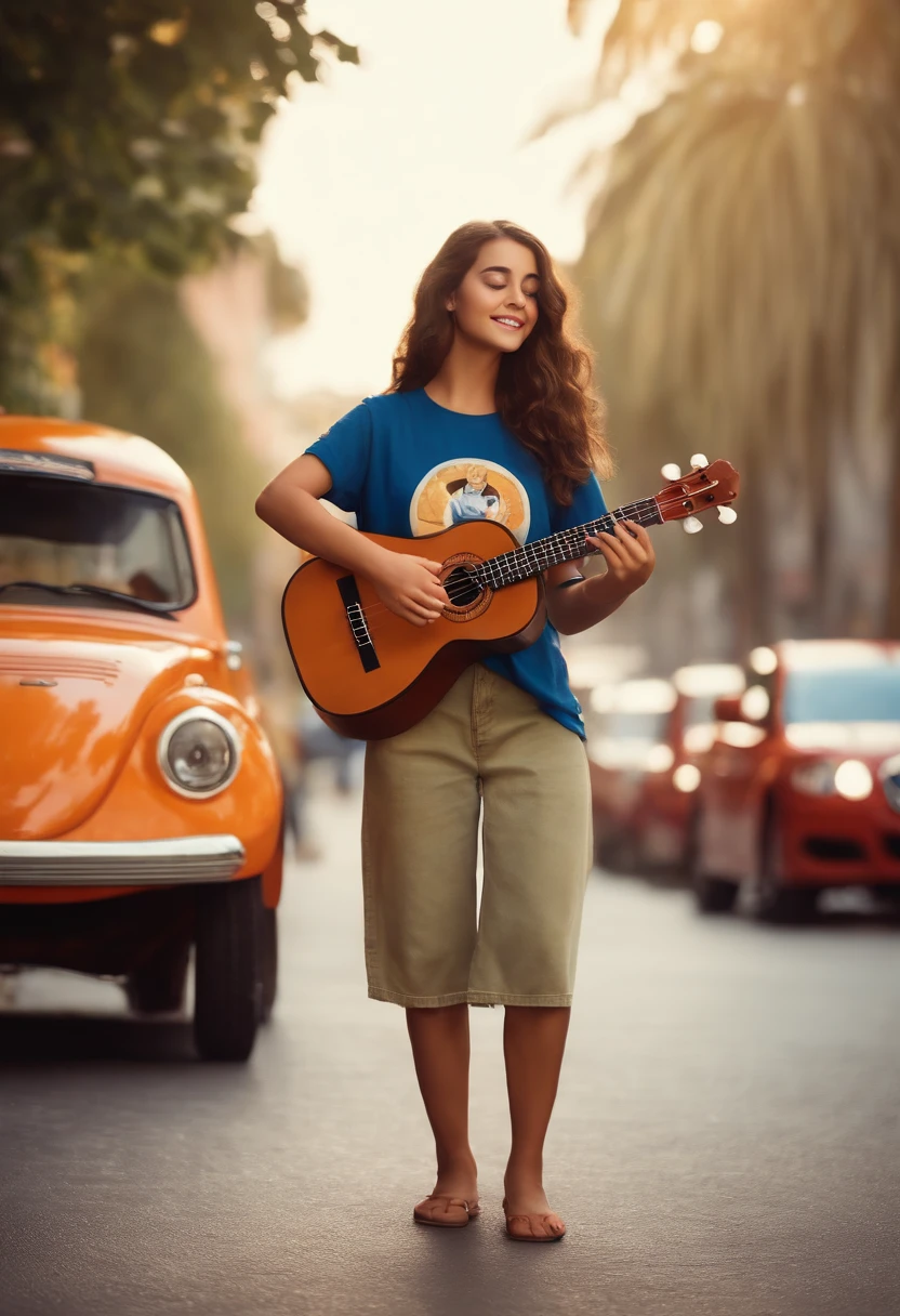 crie um banner no estilo disney Pixar. Uma , branca, loira de olhos azuis, mas jovem, usando uma camiseta, Wearing jeans and holding a classic ukulele with 4 strings.