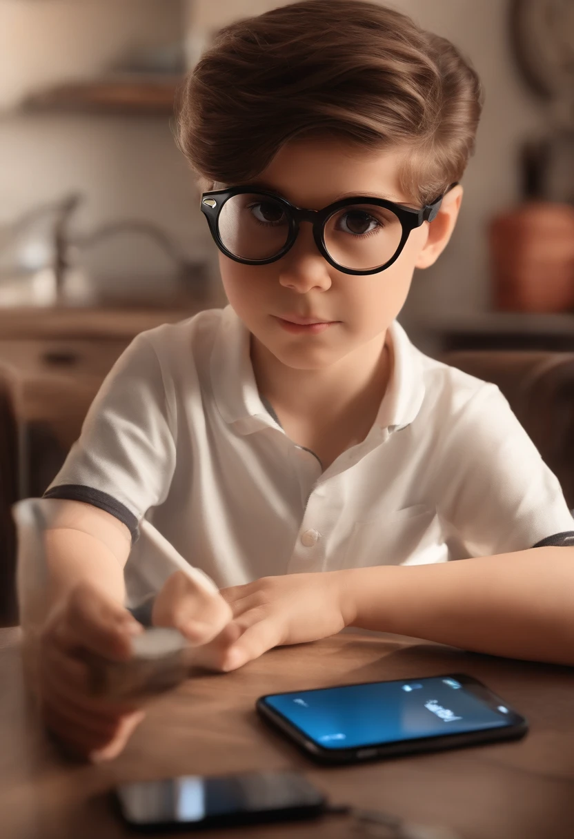 Um filme inspirado na Disney Pixar ( BRANCO JOVEM COM CABELO CURTO CACHEADO PRETO USANDO OCULOS E OLHOS ORIENTAIS ) dentro A cena estar na arte distinta do estilo PIXAR, Cool and stylish with your phone in hand