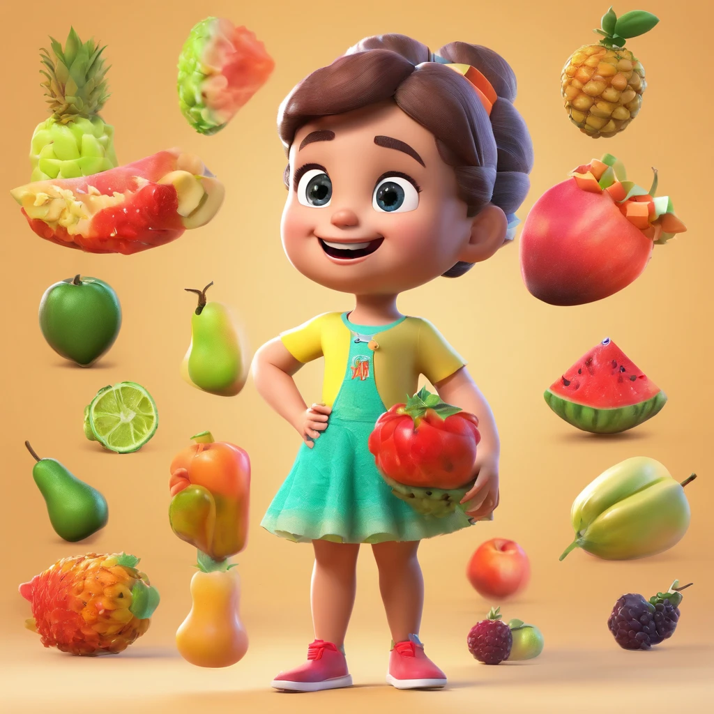 Uma menina de 5 anos gordinha e baixinha cabelos castanhos com saia e camisa do mikey comendo melancia em uma barraca de frutas