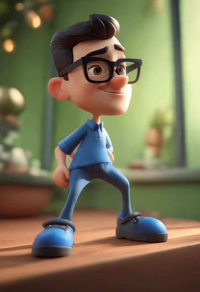 Cartoon character of a man wearing black glasses and a blue shirt, um personagem animado, Caractere estilizado, animation style rendering, 3D estilizado, Arnold Maya render, 3 d render stylized, toon render keyshot, Personagem 3D, Personagem 3D, 3d rendering stylized, 3 d character render, personagem de desenho animado, Personagem de close up, Pose de personagem, (Estilo Pixar) (master part:1.2) (Bokeh) (best quality) (pele detalhada) (textura detalhada) (8k) (argila) (Cinematic lighting) (foco nítido,Senta e vaza a parte superior do corpo