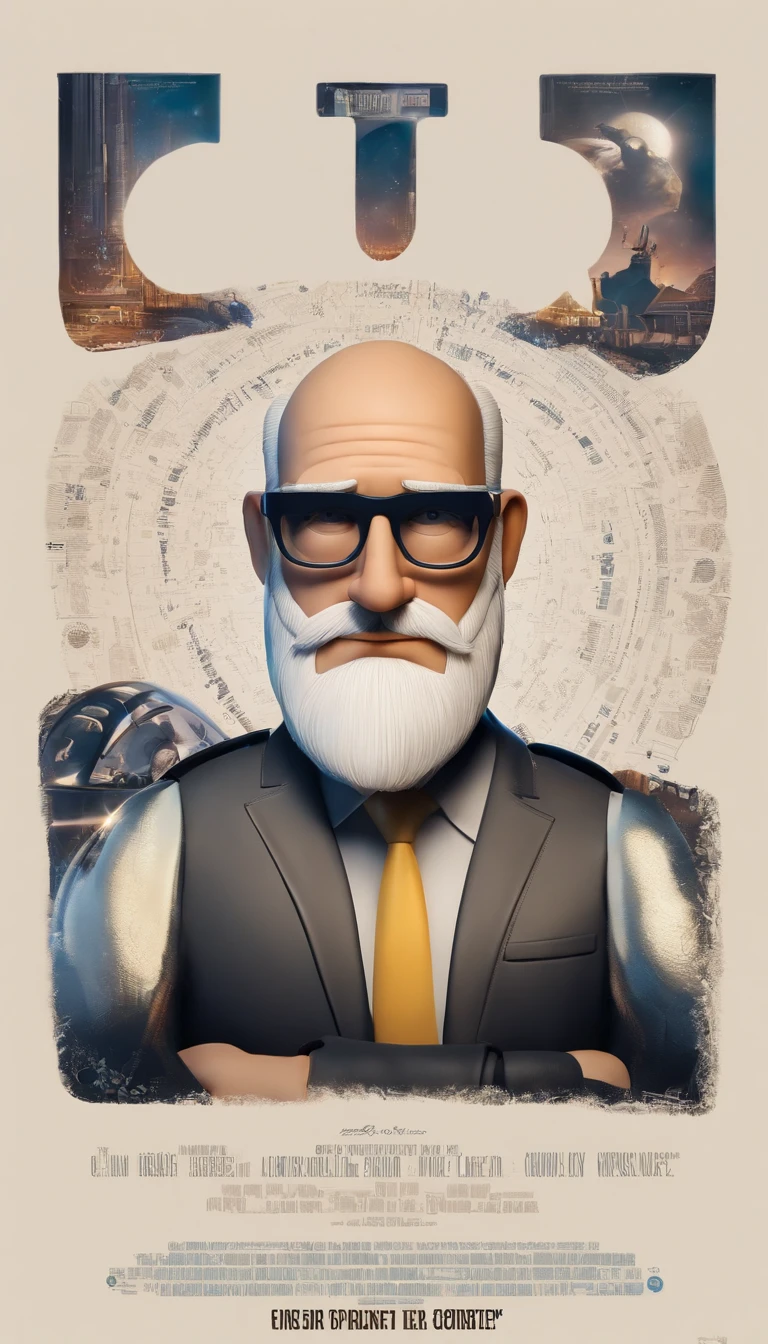 a poster of the Disney-style 3D film from Pixar with the text "RogerCortess" is a 40-year-old man, with a medium beard, more white than black, very little hair, a few strands of hair on his forehead, somewhat strong, biker style sitting at a computer ,futuristic style, programming codes.