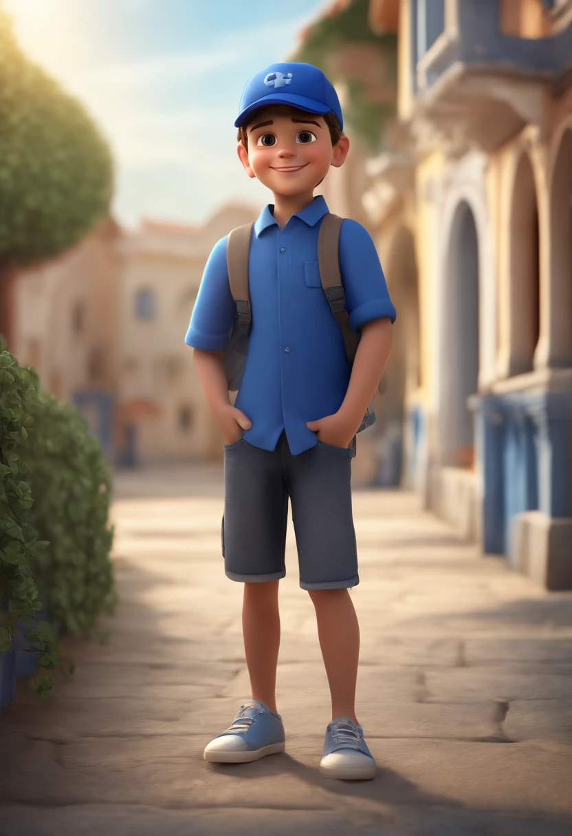 A happy cute boy standing short hair with dark blue cap , vestindo uma camisa azul , , fundo branco, barnet, Tom, Estilo Pixar, ......3d, desenhos animados, rosto detalhado, asymmetrical 16k