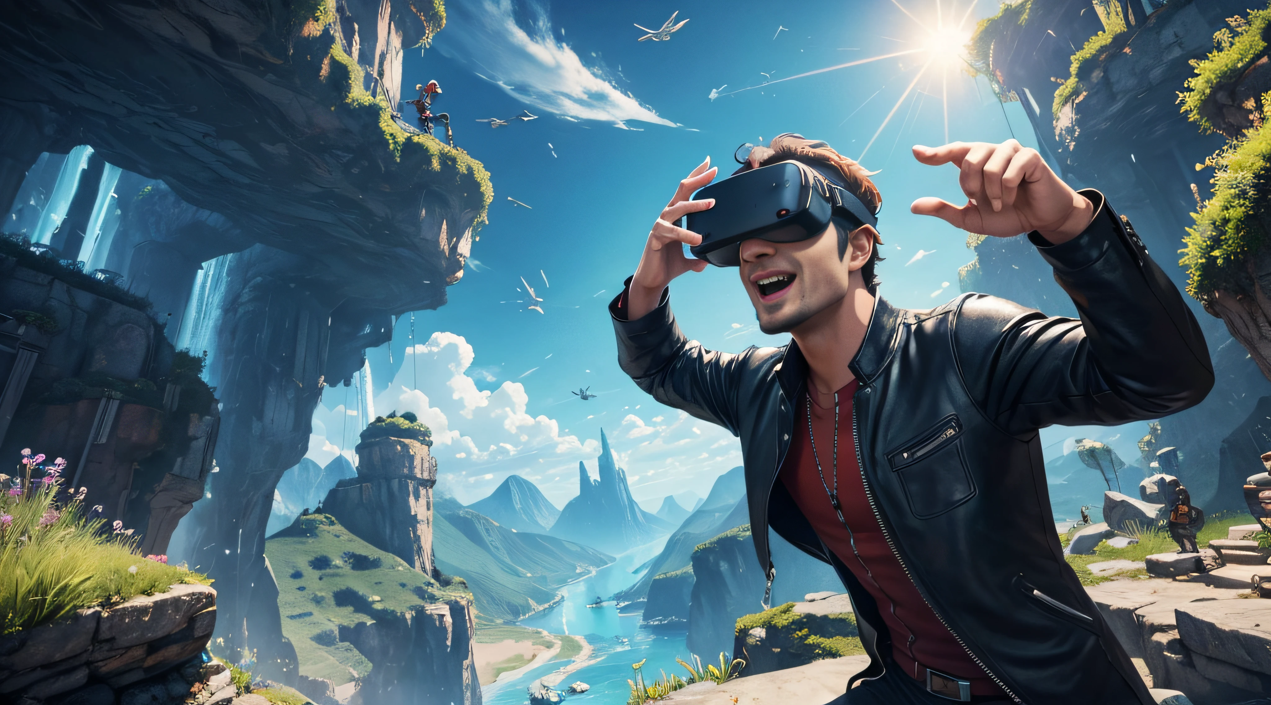 In the animated scene, a lively and enthusiastic man is wearing virtual reality glasses. His face displays an expression of excitement as he interacts with the virtual environment. The scenery around him is full of icons and elements representing various games. There are colorful characters and scenes characteristic of different games floating or emerging around you. These games represent a variety of genres and styles, creating a dynamic and lively environment. The man, immersed in this universe, seems involved in a journey of entertainment and adventure provided by the virtual games around him.
