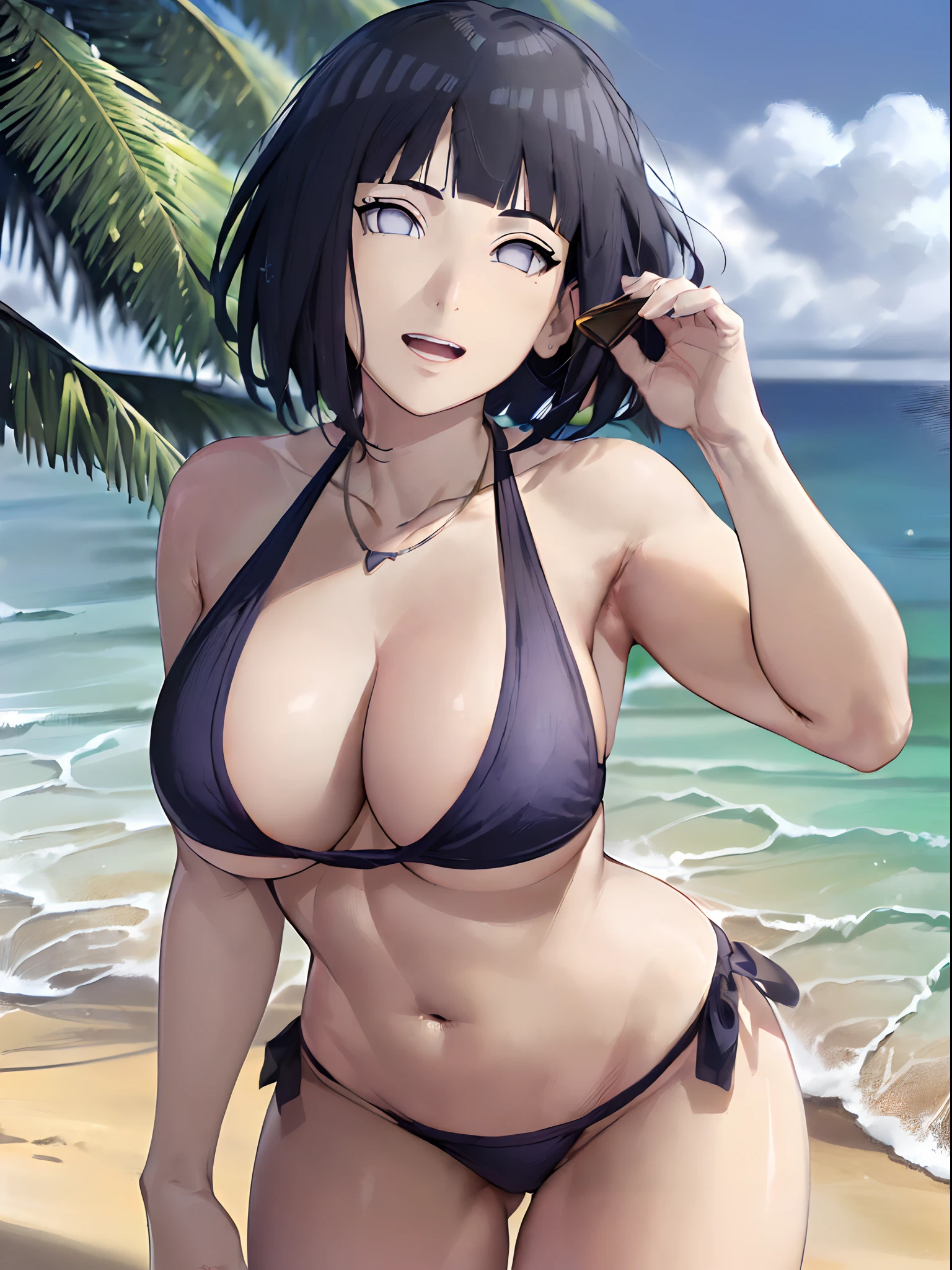 (micro bikini only, necklace)
(WALLPAPER, (hinata\(boruto\), masterpiece, 4k, whole body shot, contrast lighting, mature female, milf, (curvy:0.8), solo, anime style, sharp focus, professional artwork, intricate details, detailed beach background, colorful, vibrant colors, vivid colors, digital blending, ultra detailed body, ultra detail hair, ultra detail face, trending on pixiv, very hot colors, sunny day, outdoor, detailed bold arm lines, high color saturation, bold lines, bold drawing lines),
(standing, stretching, open mouth, kind smile, extremely happy),
((dark blue hair color:1.1), ((short hair, hime cut)),
(perfect eyes, white sciera, white eyes, anime eyes, smoky eyeliner, eyeshadow)
(white skin, slender body, milf, navel, groin, flat belly, perfect face, perfect thighs),
(Thighs, legs, very big breasts, off-shoulders, little biceps, (flat belly, groin, detailed shoulders),
(bare body, bare chest, minimum clothing, bare shoulders, bare hands, bare legs, bare body),
(micro bikini only, necklace)