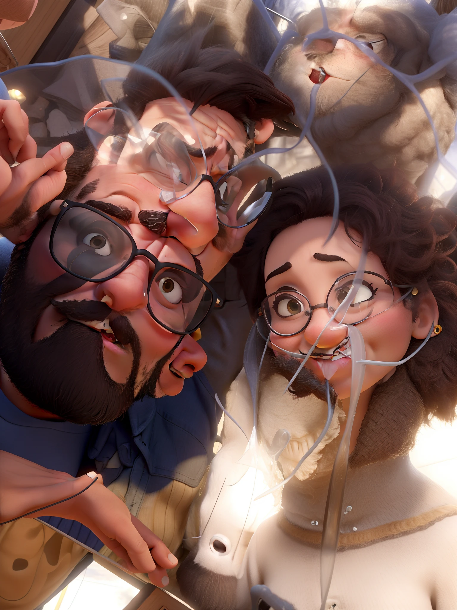 Casal romantico estilo Pixar. Homem com barba, bigodes, Glasses and cap. Mulher com sardas no rosto, cabelo cacheado na altura dos ombro, olhos cor de mel e piercing no nariz.
