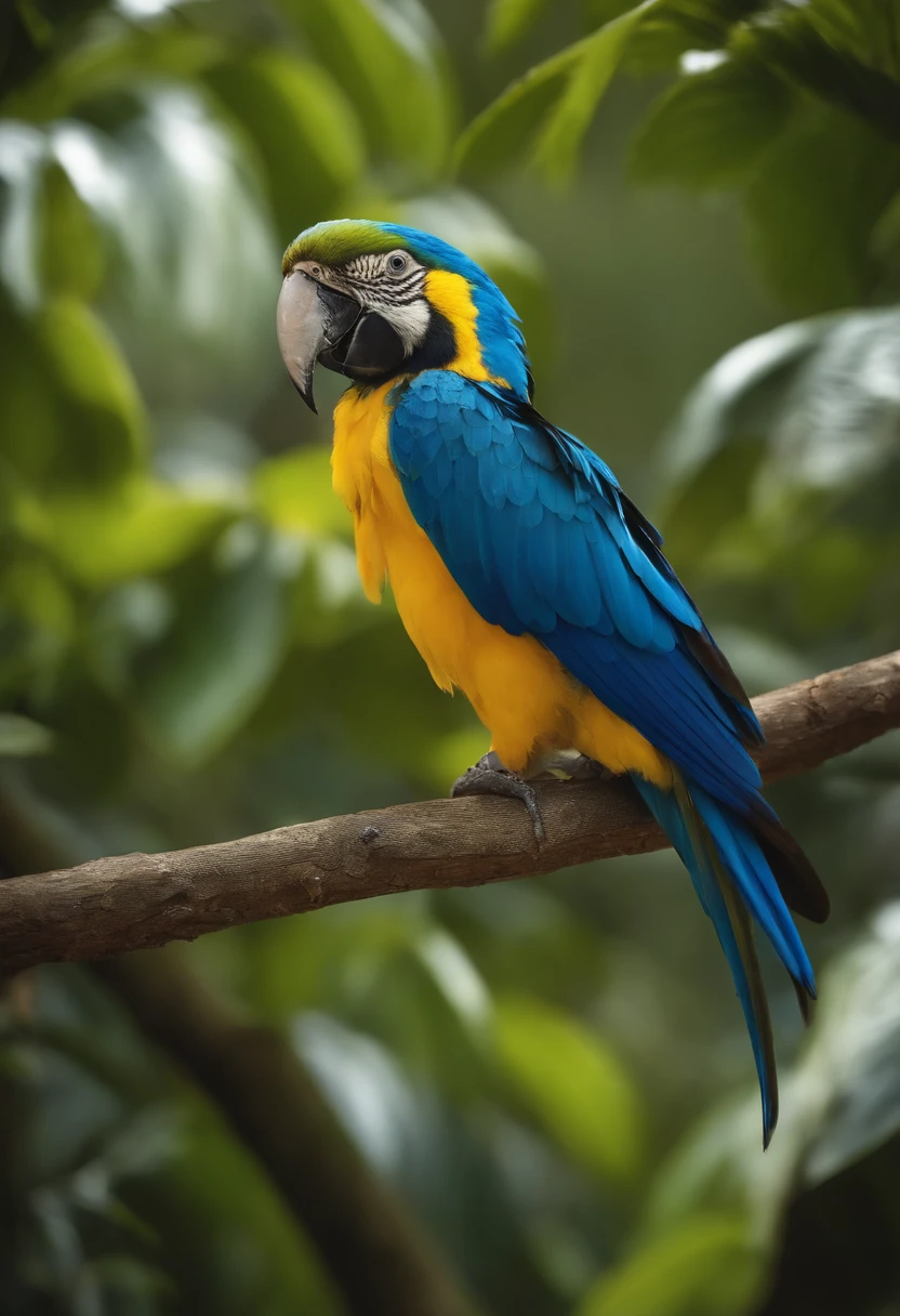 Arara azul e amarela vestindo uma camiseta branca