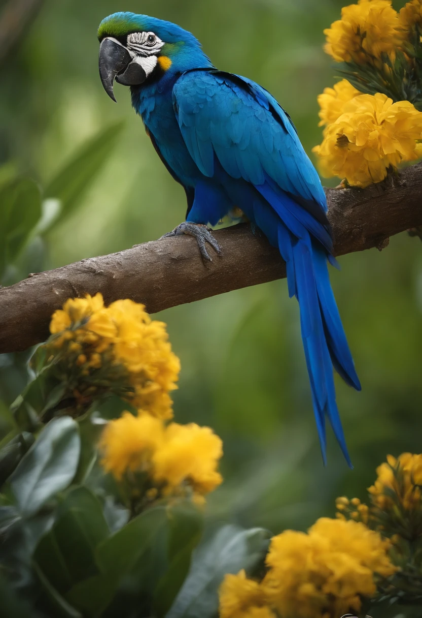 Arara azul e amarela vestindo uma camiseta branca
