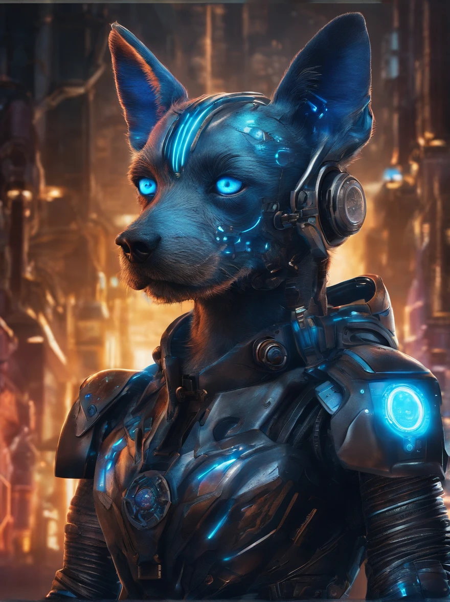 (best quality,realistic:1.2),ultra-detailed,(portrait:1.1),(cyberpunk),(cyberpunk armor),beautiful detailed blue eyes,brave and fierce expression,cyberpunk robotic Yorkshire Terrier,close-up portrait,blue LED lights glowing in the background,details of gears and wires,resilient and determined attitude,vivid and vibrant colors,cybernetic enhancements,high-tech materials,metallic textures,sharp focus,holographic interface,cityscape with neon lights,doomslayer inspired design,imposing and powerful presence