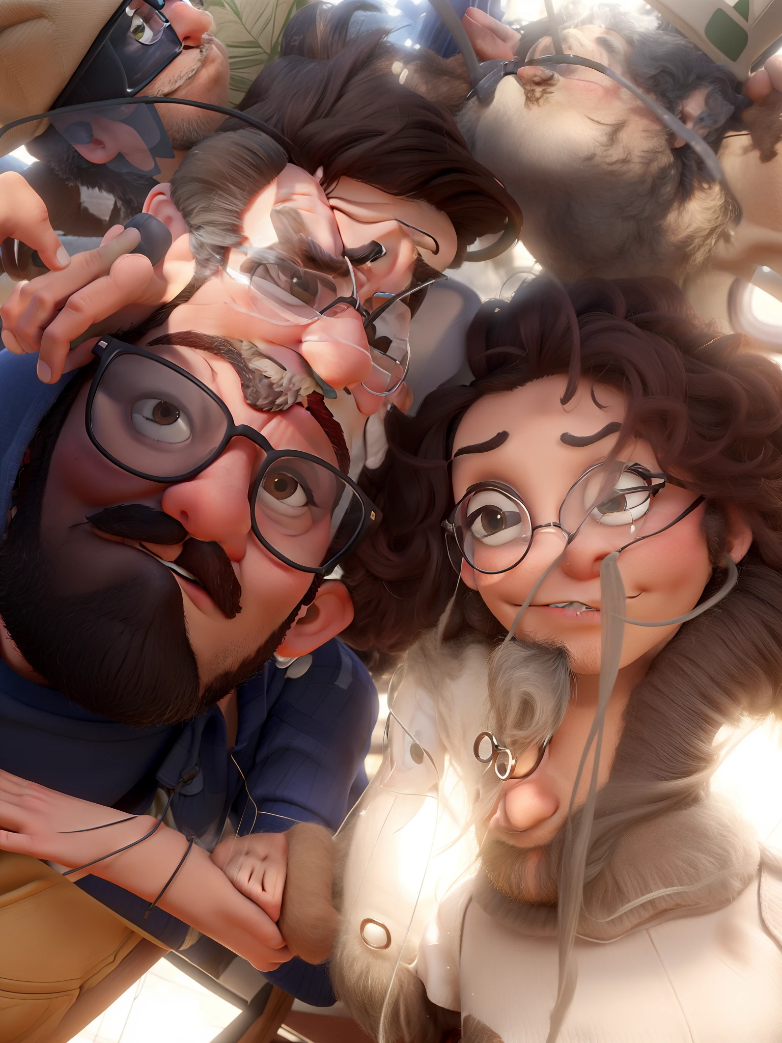 Casal romantico estilo Pixar. Homem com barba, bigodes, Glasses and cap. Mulher com sardas no rosto, cabelo cacheado na altura dos ombro, olhos cor de mel e piercing no nariz.