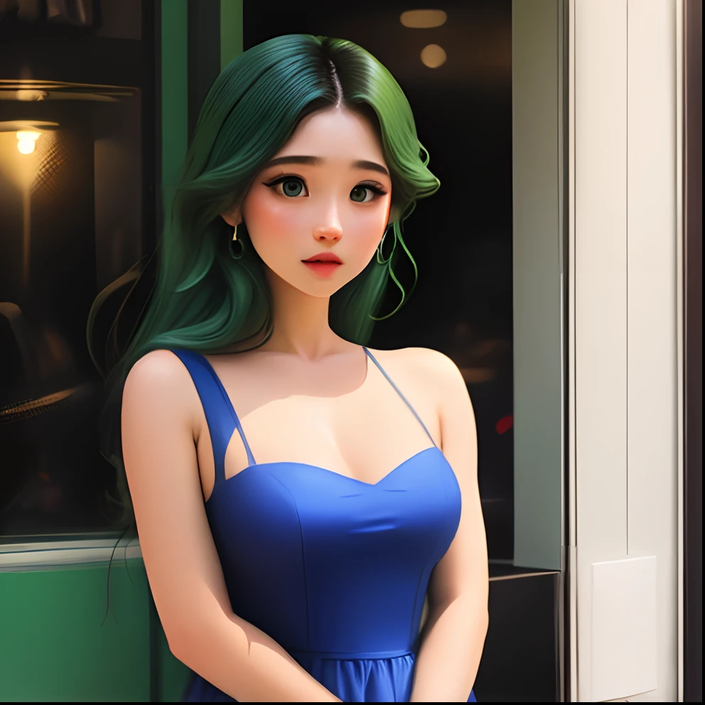 Mulher com vestido azul e verde