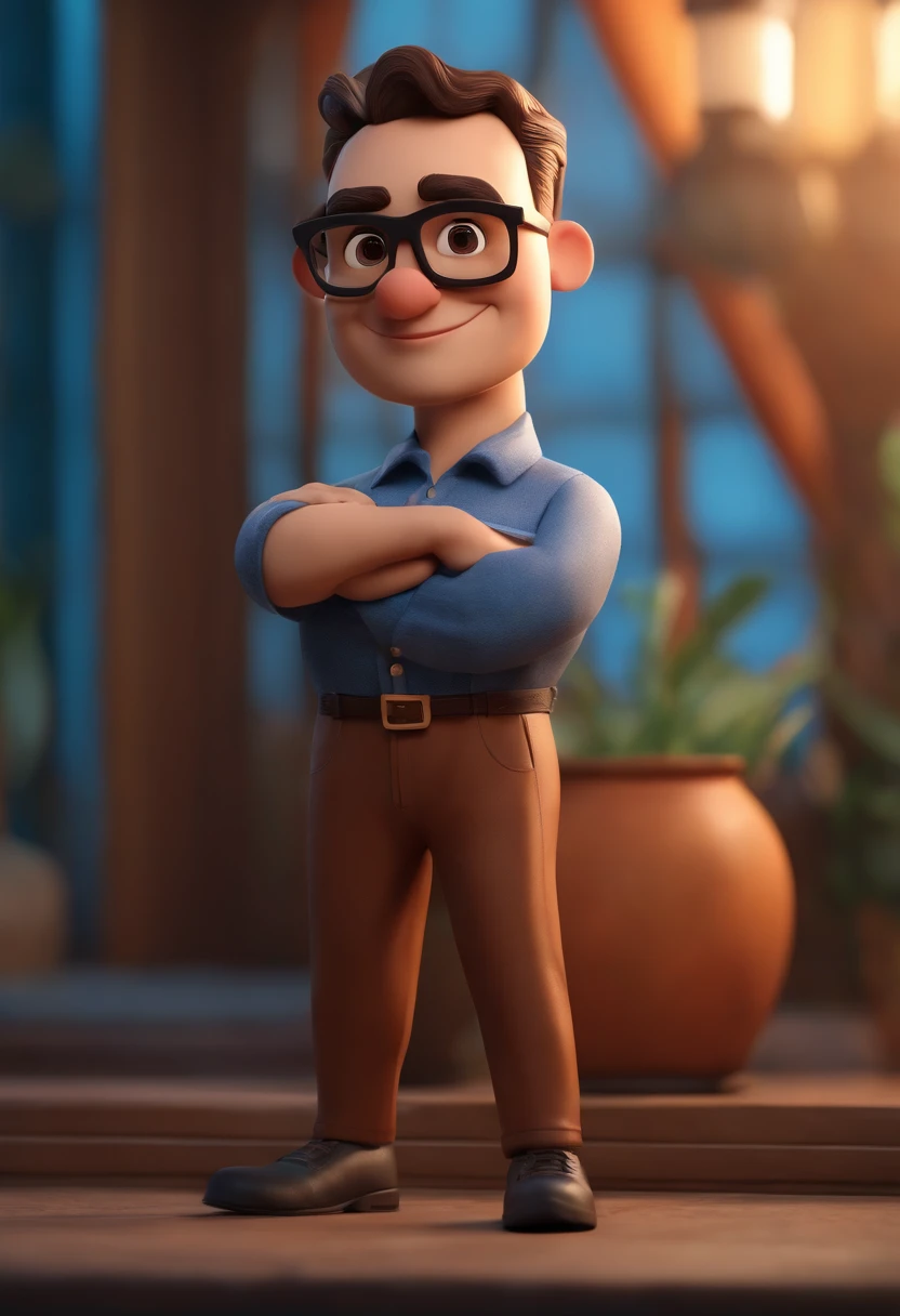 Cartoon character of a man wearing black glasses and a blue shirt, um personagem animado, Caractere estilizado, animation style rendering, 3D estilizado, Arnold Maya render, 3 d render stylized, toon render keyshot, Personagem 3D, Personagem 3D, 3d rendering stylized, 3 d character render, personagem de desenho animado, Personagem de close up, Pose de personagem, (Estilo Pixar) (master part:1.2) (Bokeh) (best quality) (pele detalhada) (textura detalhada) (8k) (argila) (Cinematic lighting) (foco nítido,Senta e vaza a parte superior do corpo