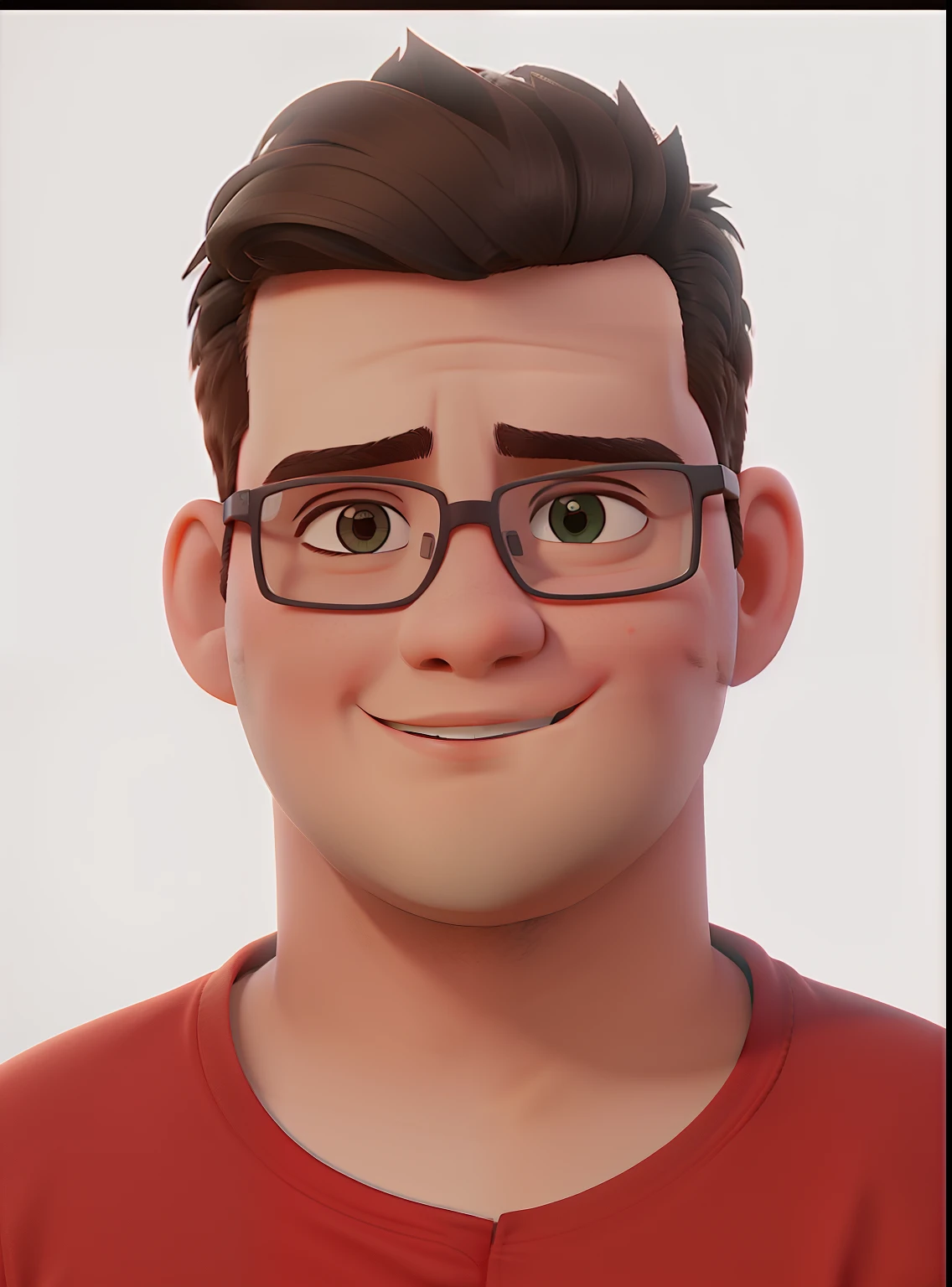 A chubby young man with short hair and glasses stands in front of him, camisa vermelha, fundo branco, graves