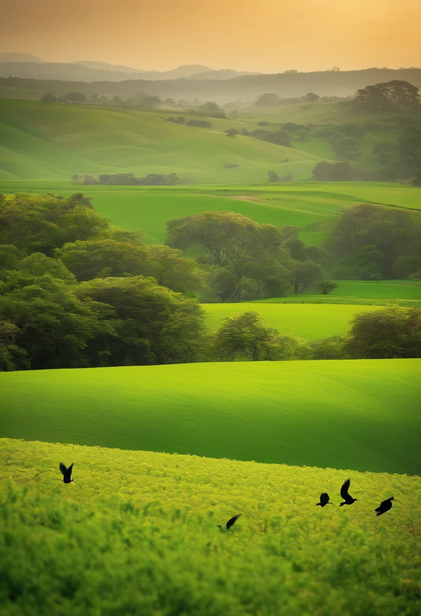 Birds passing in the middle of green pastures and plantations