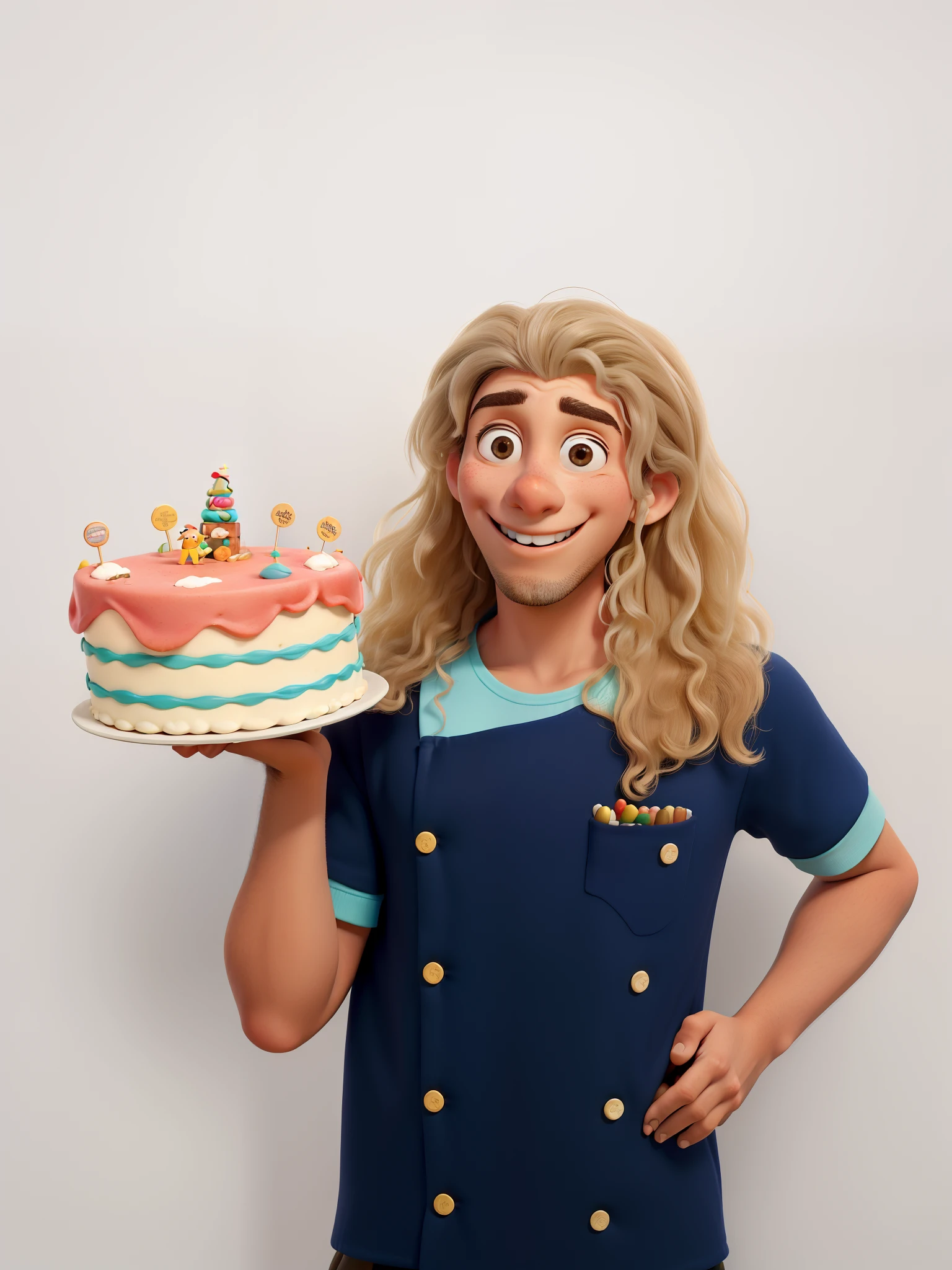 Obra-prima, de melhor qualidade, uma pessoa jovem, With a cake in his hand, Dolman and happy, numa confeitaria