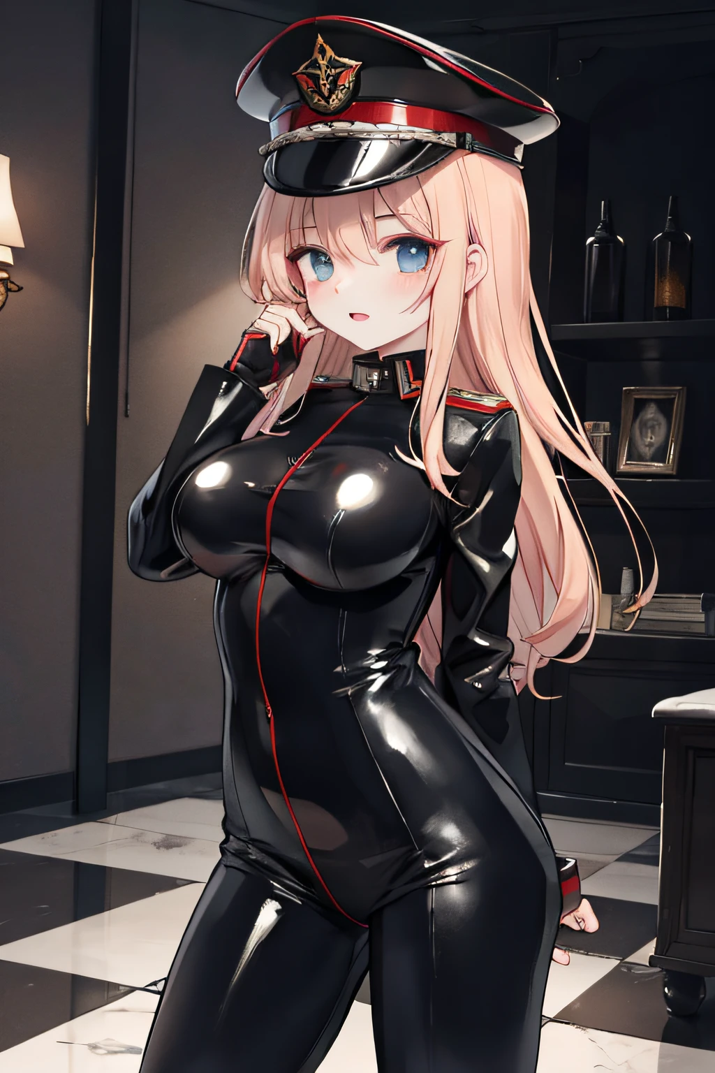 Latex Dominantrix with Military hat with standing in sex dungeon