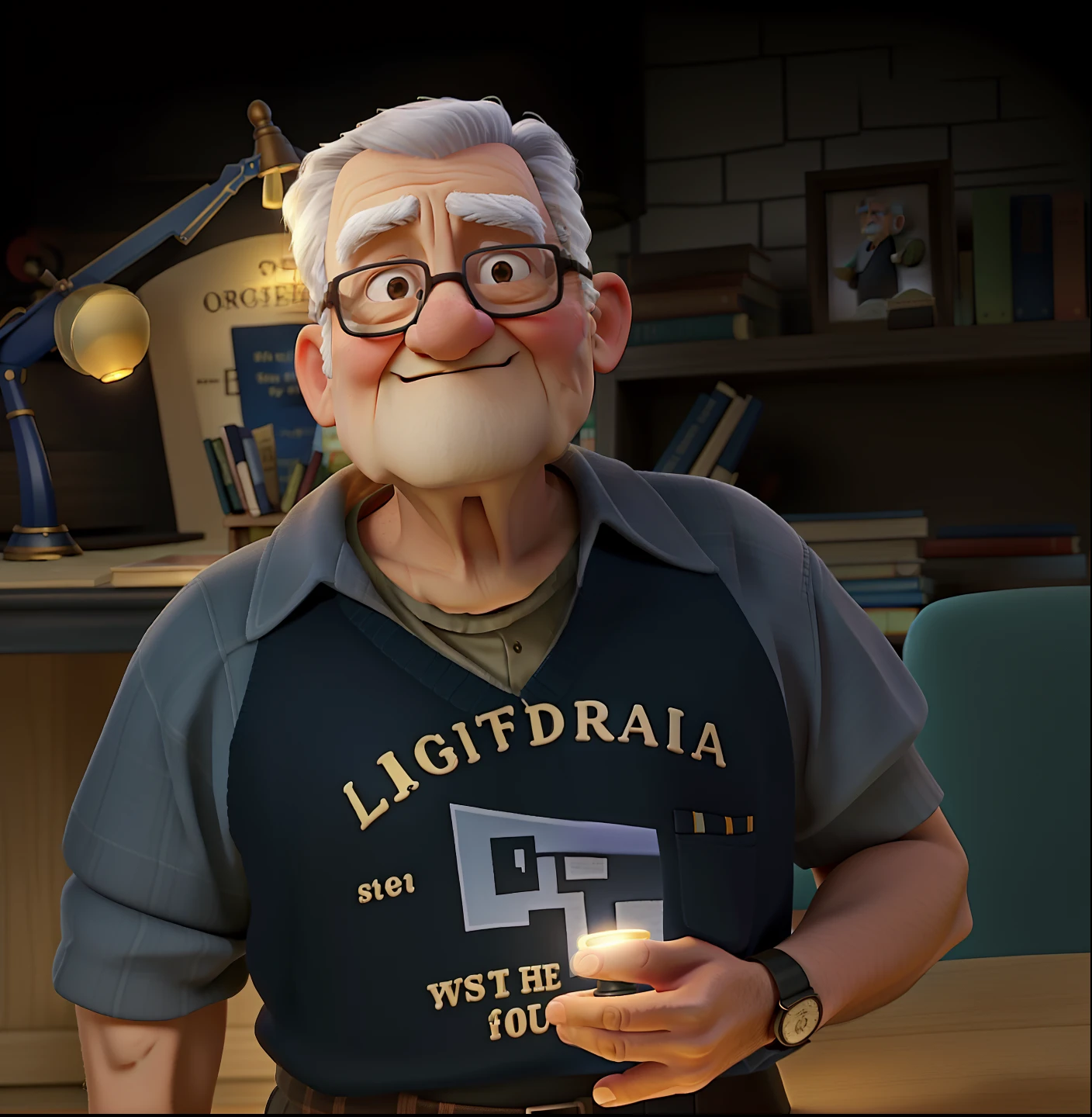 A wise old man standing in front, illuminated by the light of a lamp, against the backdrop of a library