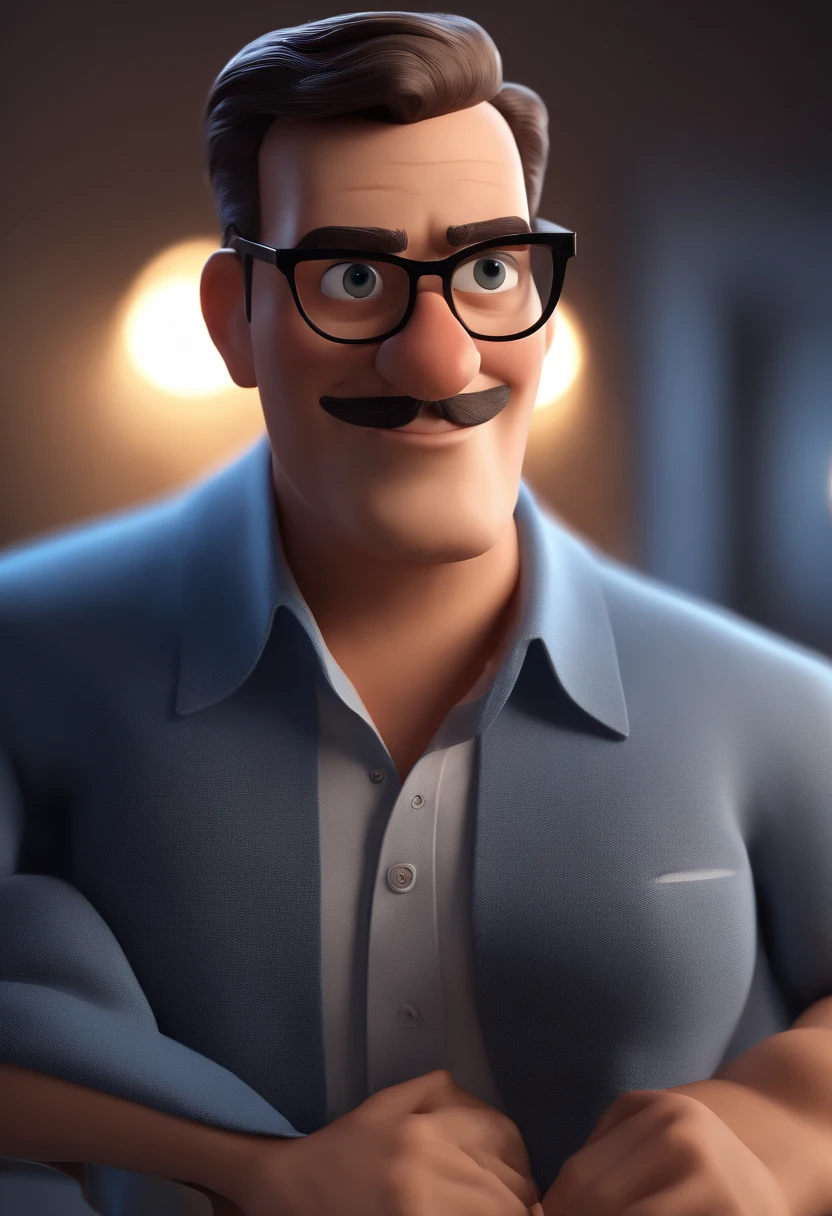 Cartoon character of a man with black glasses and a blue shirt, animation character, Caractere estilizado, animation style rendering, 3D estilizado, Arnold Maya render, 3 d render stylized, toon render keyshot, Personagem 3D, Personagem 3D, 3d rendering stylized, 3 d character render, personagem de desenho animado, Personagem de close up, Pose de personagem, (Estilo Pixar) (master part:1.2) (Bokeh) (best quality) (pele detalhada) (textura detalhada) (8k) (argila) (Cinematic lighting) (foco nítido