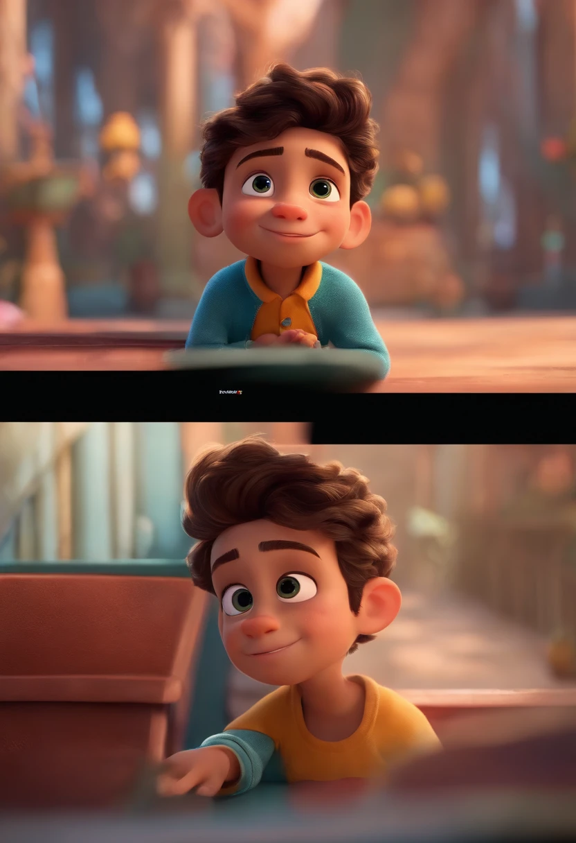 Image of a boy for a story in a YouTube video in Pixar format, He's the  allabester, He's the class leader, He's outgoing, Playful and gets up for a lot of things, cabelo curto