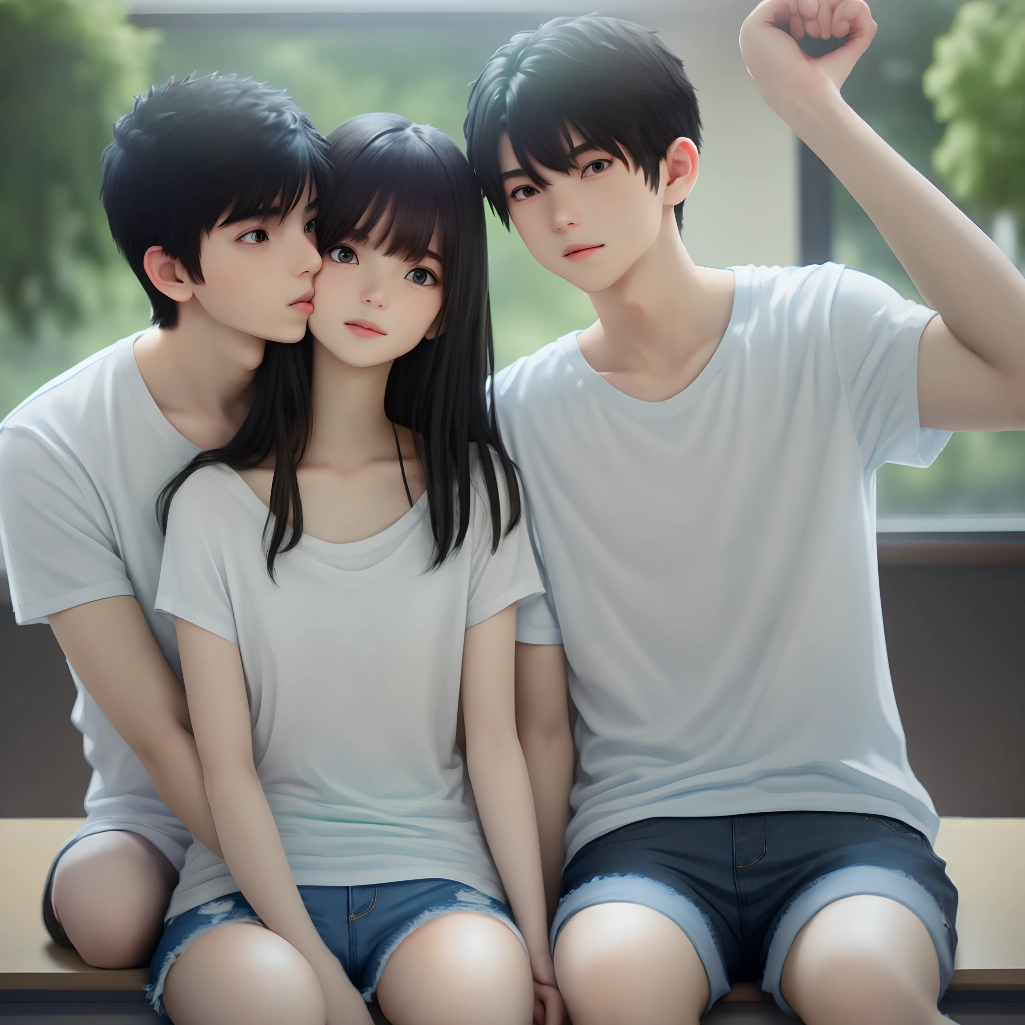 a girl and a boy, Girl has black hair and green eyes, Girl wearing plain white shirt and denim shorts, Boy has black hair and brown eyes, Boys wear neither shirts nor jeans, Boy and girl kissing on desk, hight resolution, ultrasharp, in 8K, masutepiece,