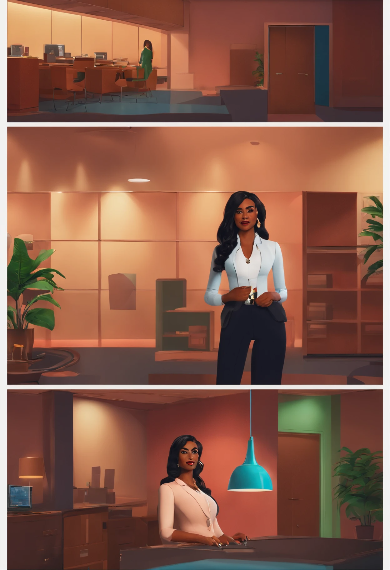 Mulher negra, 30 anos, Bank, linda, roupa social, office scenario, detalhado, ao estilo pixar