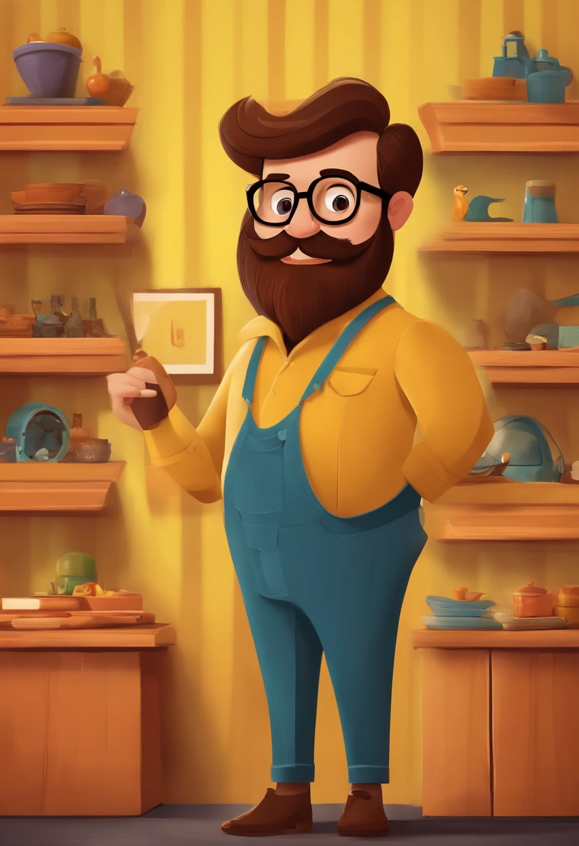 A movie poster inspired by Disney Pixar "(30-year-old man with a beard, wearing glasses, holding a bearing and wearing a workman's outfit)" The scene should be in Pixar's distinctive digital art style, focusing on character expressions, vibrant colors, and detailed textures, in the background it should have shelves with bearings, in the background written on the wall "(CLASSIC-ROLAMENTOS)" neon yellow style lettering.
