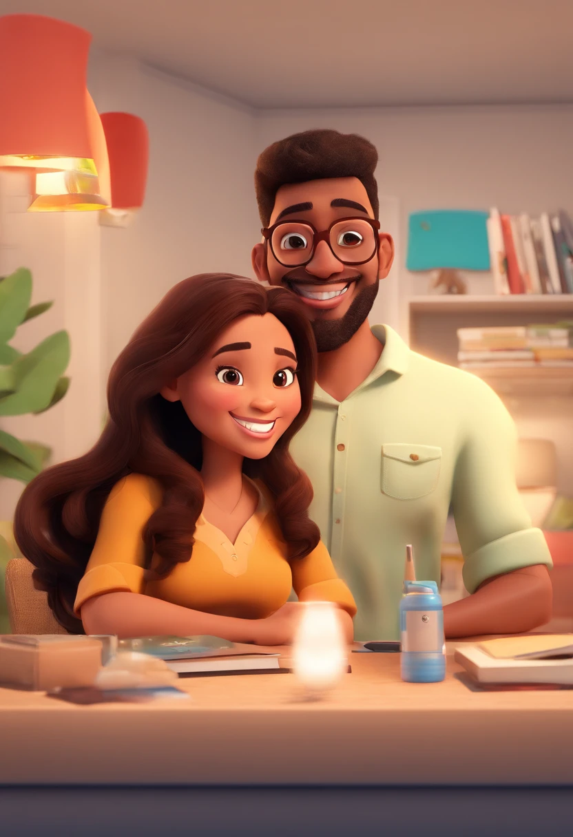 An illustration of an adorable couple, Highlight for a chubby mulatto man with glasses smiling and a brunette woman with beautiful expressive eyes - the man's skin is mulatto and the man's hair haswhile the woman's skin is black and the woman's hair is straight and brown. They are a bright room, cada um com um sorriso no rosto, e compartilhar um momento especial caracterizado pelo amor, Insights. Illustrate this scene from a perspective where they are facing the camera, Smiling and Showing Your Connection. Desenvolva esta arte em Full HD, Focus on your cinematic touch, Estilo Disney Pixar Animations