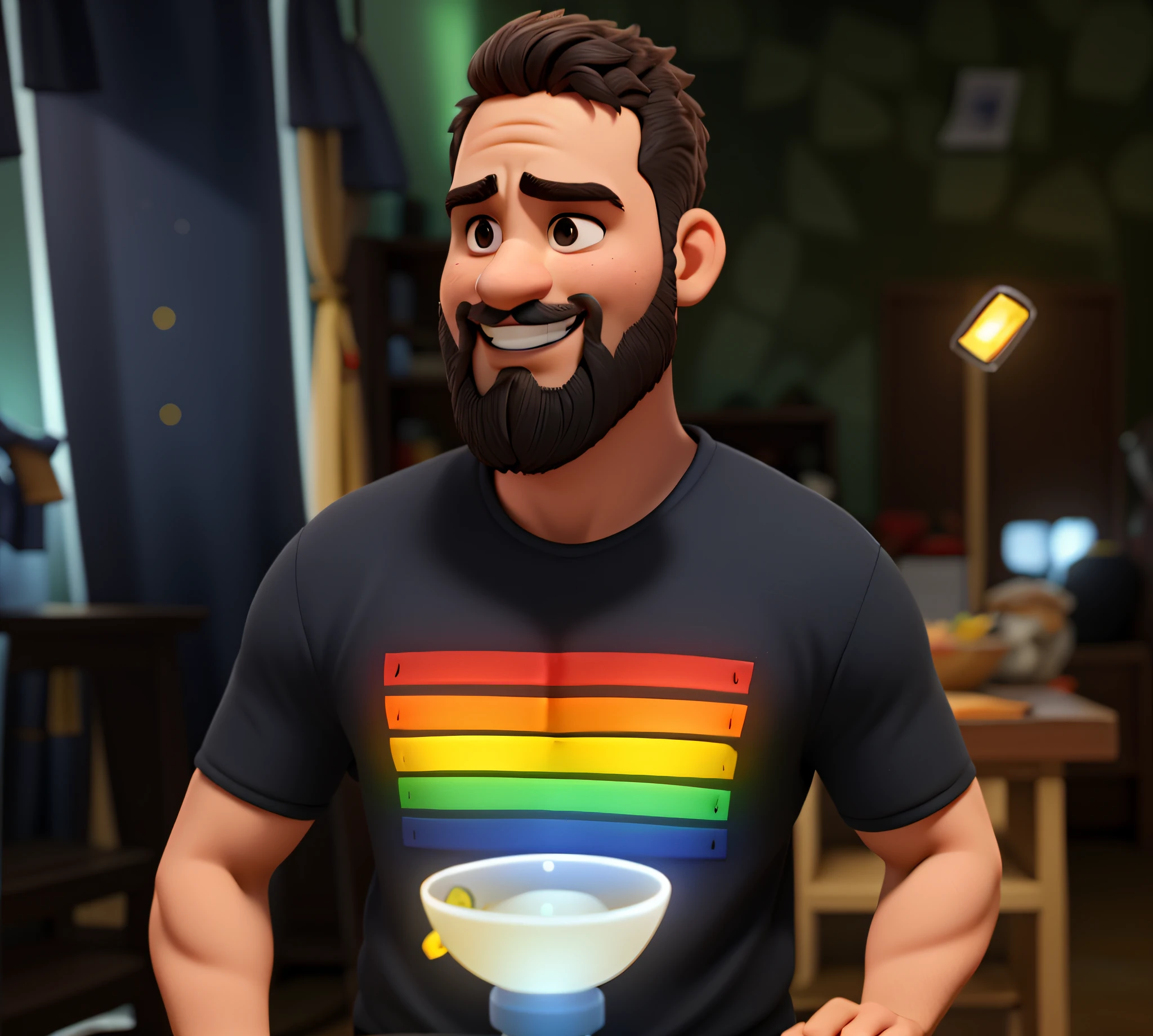 Um homem forte, barbudo, sorrindo parado na frente, illuminated by the light of a lamp, contra o pano de fundo de um barzinho
