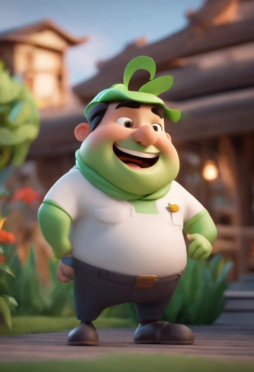 Cartoon character of a happy fat japanese man with a white shirt with green sleeve, animation character, green light, ESG, solar energy, animation style rendering, 3D style, Arnold Maya render, 3 d render stylized, toon render keyshot, Personagem 3D, Personagem 3D, 3d rendering stylized, 3 d character render, personagem de desenho animado, Personagem de close up, Pose de personagem, (Estilo Pixar) (master part:1.2) (Bokeh) (best quality) (pele detalhada) (textura detalhada) (8k) (argila) (Cinematic lighting) (foco nítido)