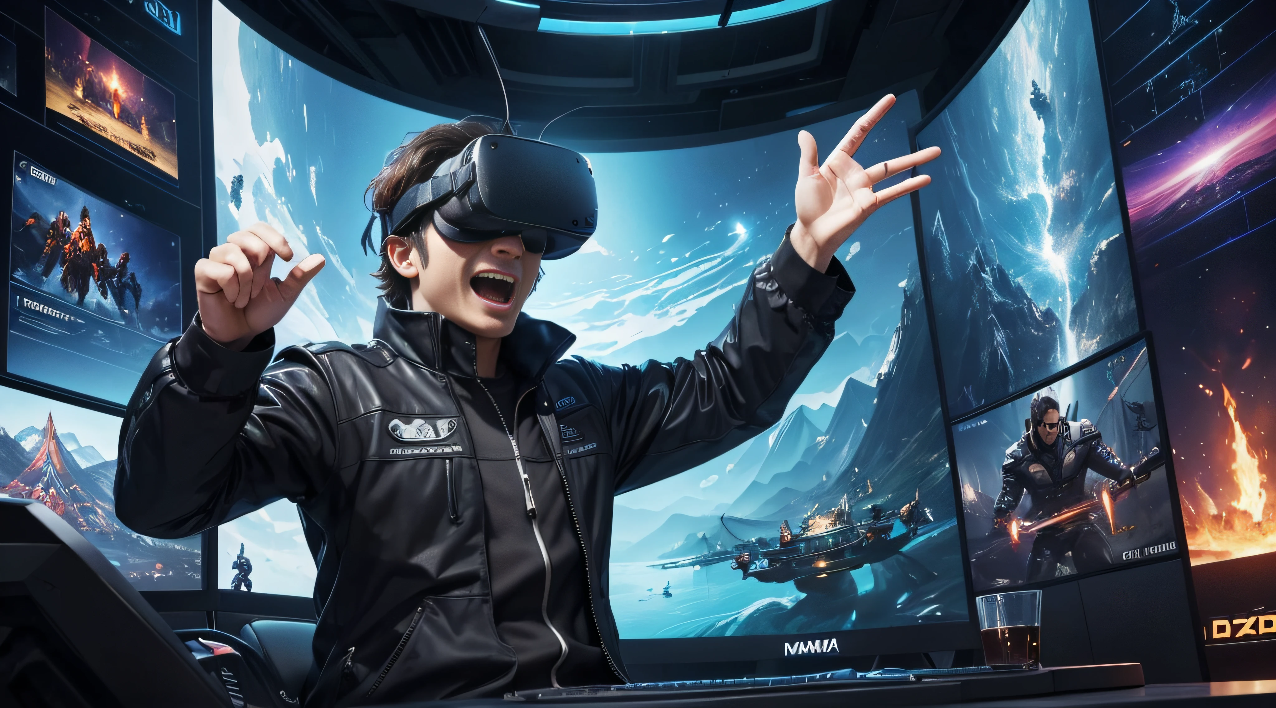 In the animated scene, a lively and enthusiastic man is wearing virtual reality glasses. His face displays an expression of excitement as he interacts with the virtual environment. The scenery around him is full of icons and elements representing various games. There are colorful characters and scenes characteristic of different games floating or emerging around you. These games represent a variety of genres and styles, creating a dynamic and lively environment. The man, immersed in this universe, seems involved in a journey of entertainment and adventure provided by the virtual games around him.