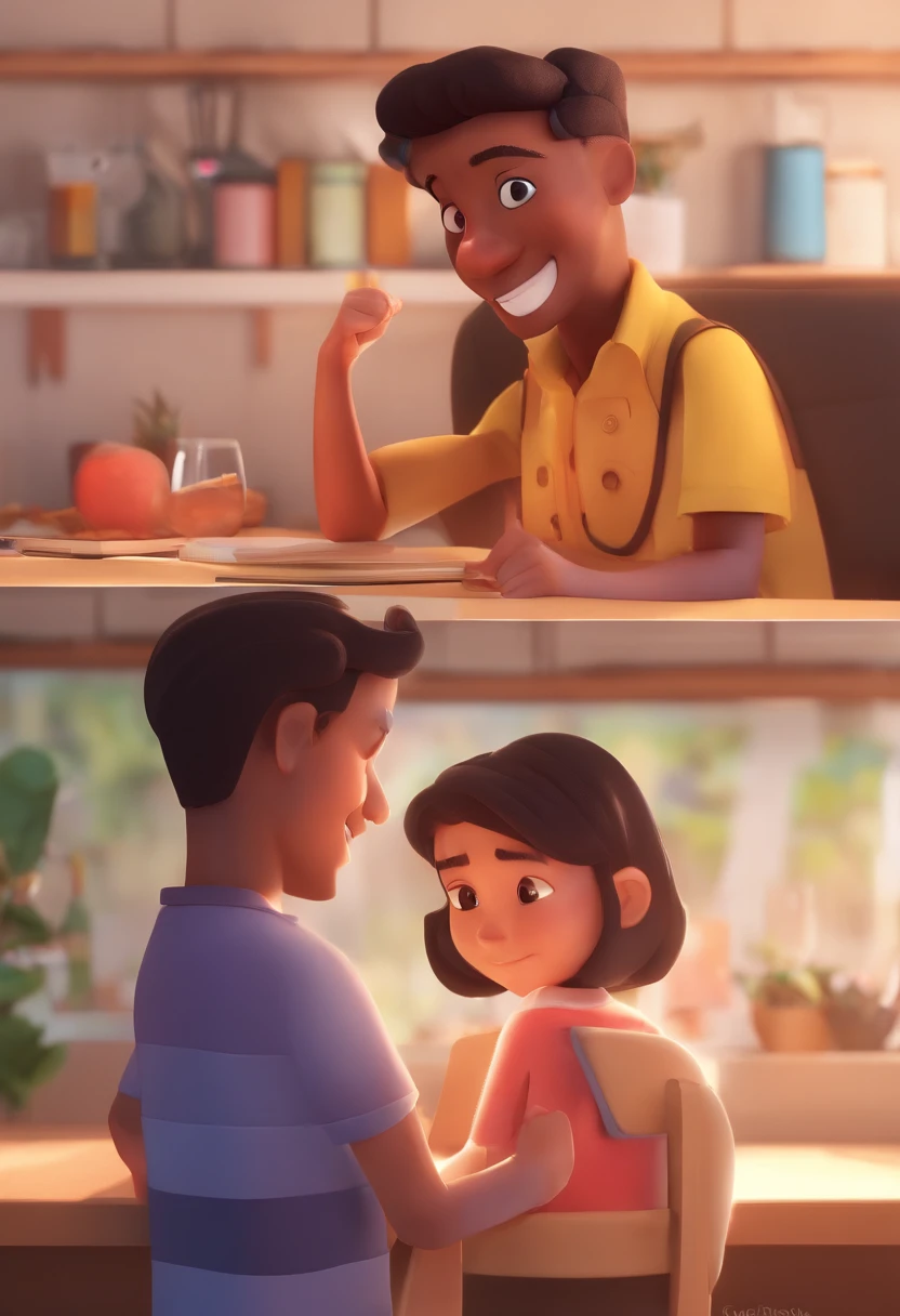 An illustration of an adorable couple, destacando um homem e uma mulher com bonito, Expressive eyes – the man's skin is black and the man's hair is bald and black, while the woman's skin is black and the woman's hair is curly and brown. They are a bright room, cada um com um sorriso no rosto, e compartilhar um momento especial caracterizado pelo amor, arroz, e insights educacionais. Illustrate this scene from a perspective where they are facing away from the camera, Showing Your Connection. Desenvolva esta arte em Full HD, Focus on your cinematic touch, Estilo Disney Pixar Animations