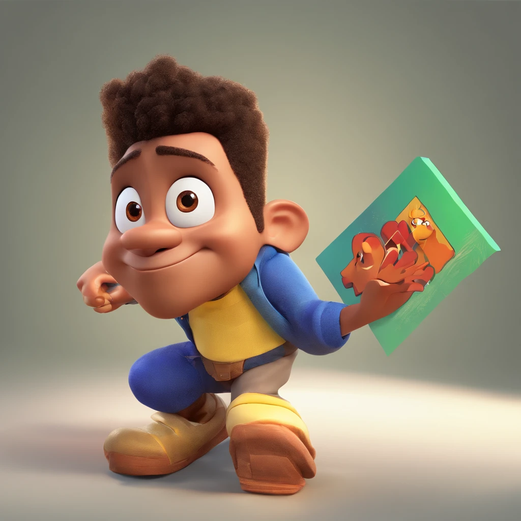 Disney Pixar style 3D poster with full body character, pele morena, cabelo curto com topete, barba, olhos castanhos e vestindo camisa preta em um show de rock