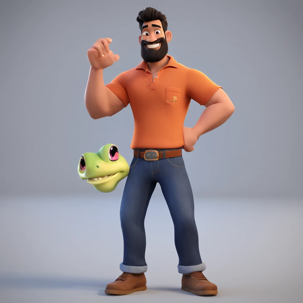 Disney Pixar style 3D poster with full body character, pele morena, cabelo curto com topete, barba, olhos castanhos e vestindo camisa preta em um show de rock