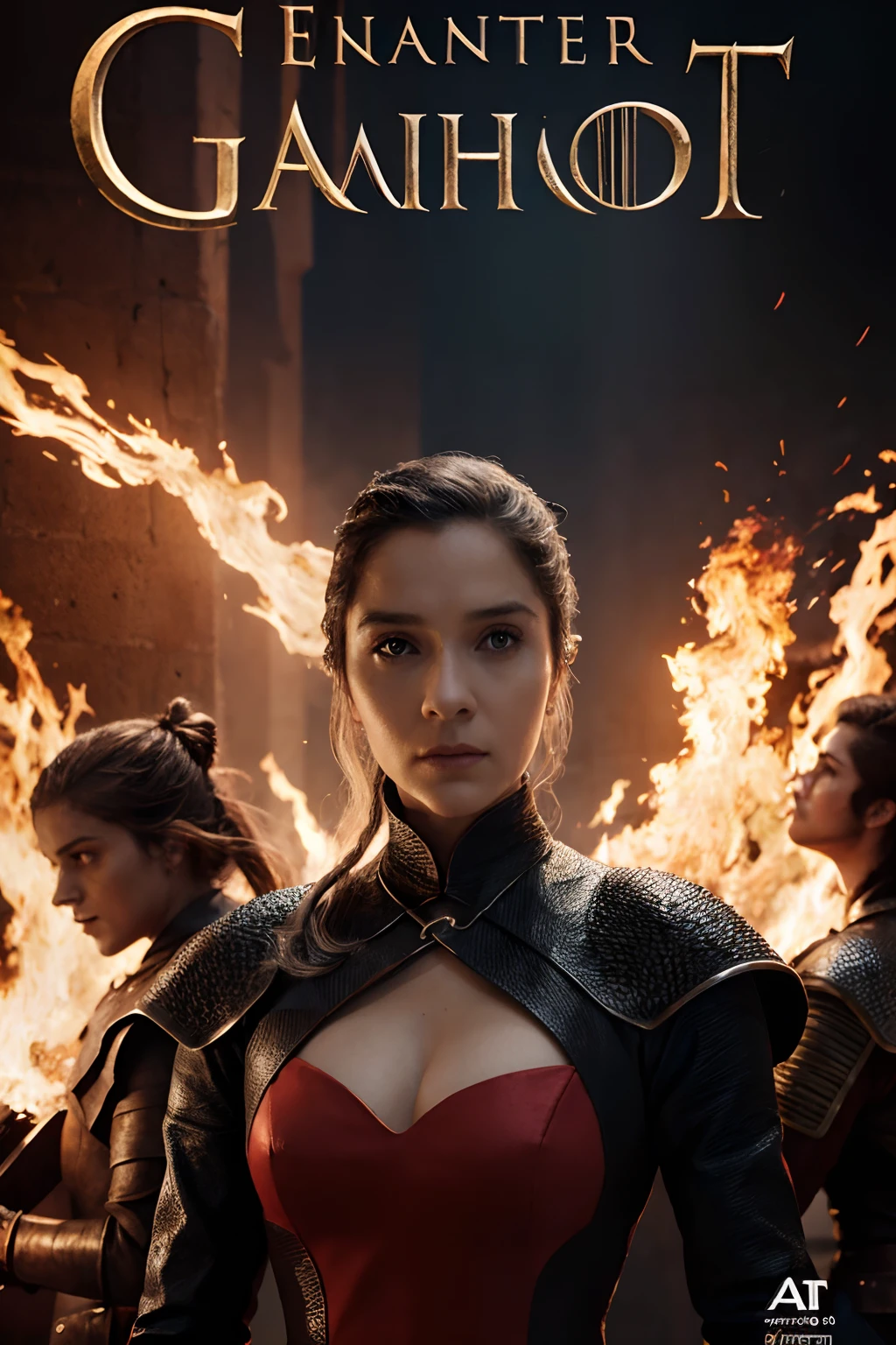 cinematic poster, Arte centrada, ((sozinho)), (((only one character))), 3 dragons in the background breathing fire, rosto de L4L4, Cabelos brancos de Game of Thrones, Gothic colors, climate of tension and terror, Adobe Illustration, trending on ArtStation, 8k, disco Rigido , master part, arte linda, detalhes intrincados , -