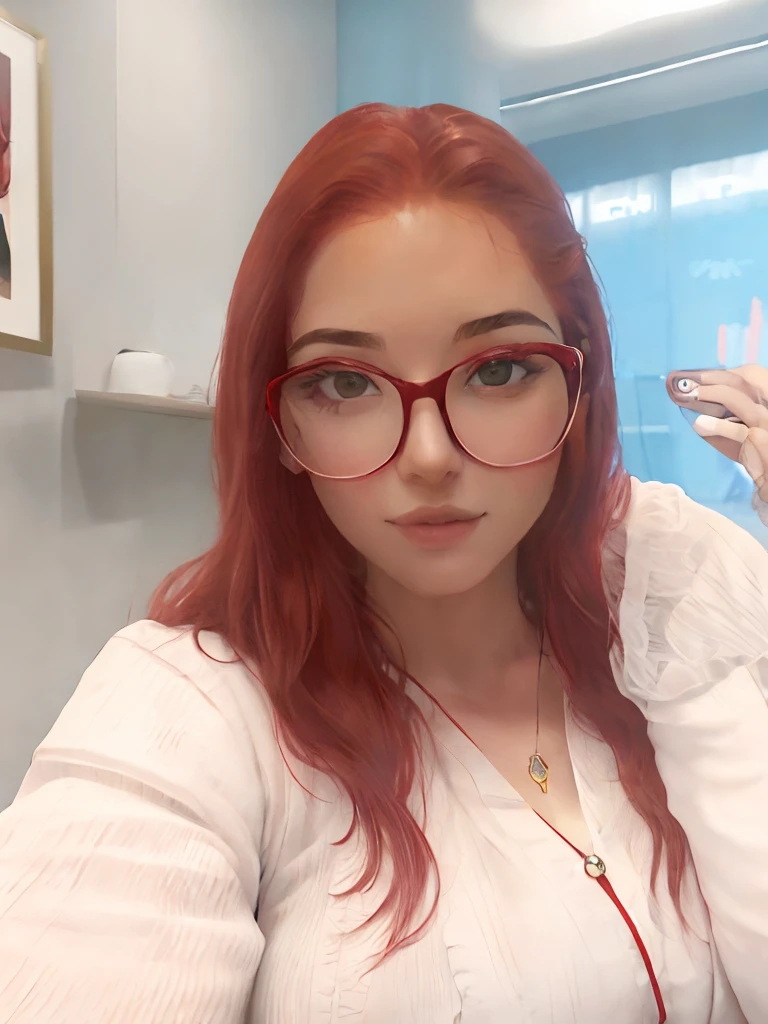there is a woman with red hair and glasses taking a selfie, Parece Fabiula Nascimento, Ayahausca, andrea rocha, foto selfie, vermelho - bochechas!!, Bochechas vermelhas, foto de perfil headshot, selfie shot straight on angle, BBWCHAN, qualidade muito baixa, com cabelos ruivos, lovecraciano, fernanda suarez