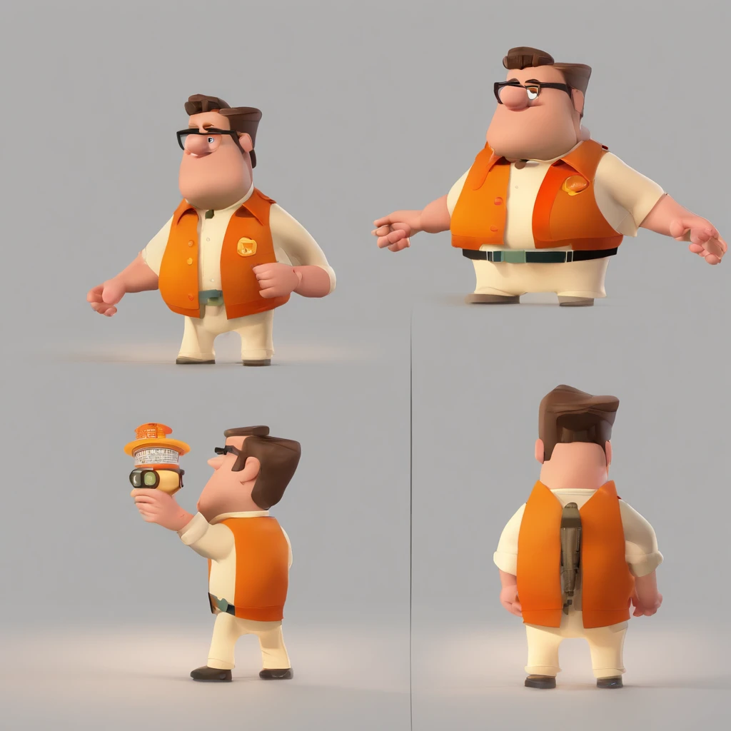 Criar um personagem no estilo Pixar. Trata-se de um homem de 30 anos, com barba, Branco, com cabelos castanhos curtos e um quiff, e olhos castanhos. Ele deve estar na frente de um computador, Trabalhar como designer