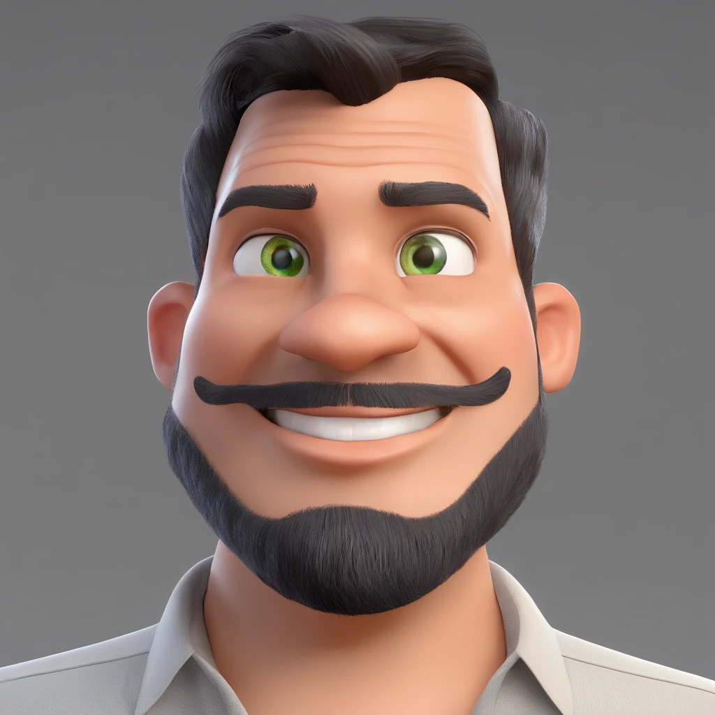 Criar um personagem no estilo Pixar. Trata-se de um homem de 30 anos, com barba, Branco, com cabelos castanhos curtos e um quiff, e olhos castanhos. Ele deve estar na frente de um computador, Trabalhar como designer