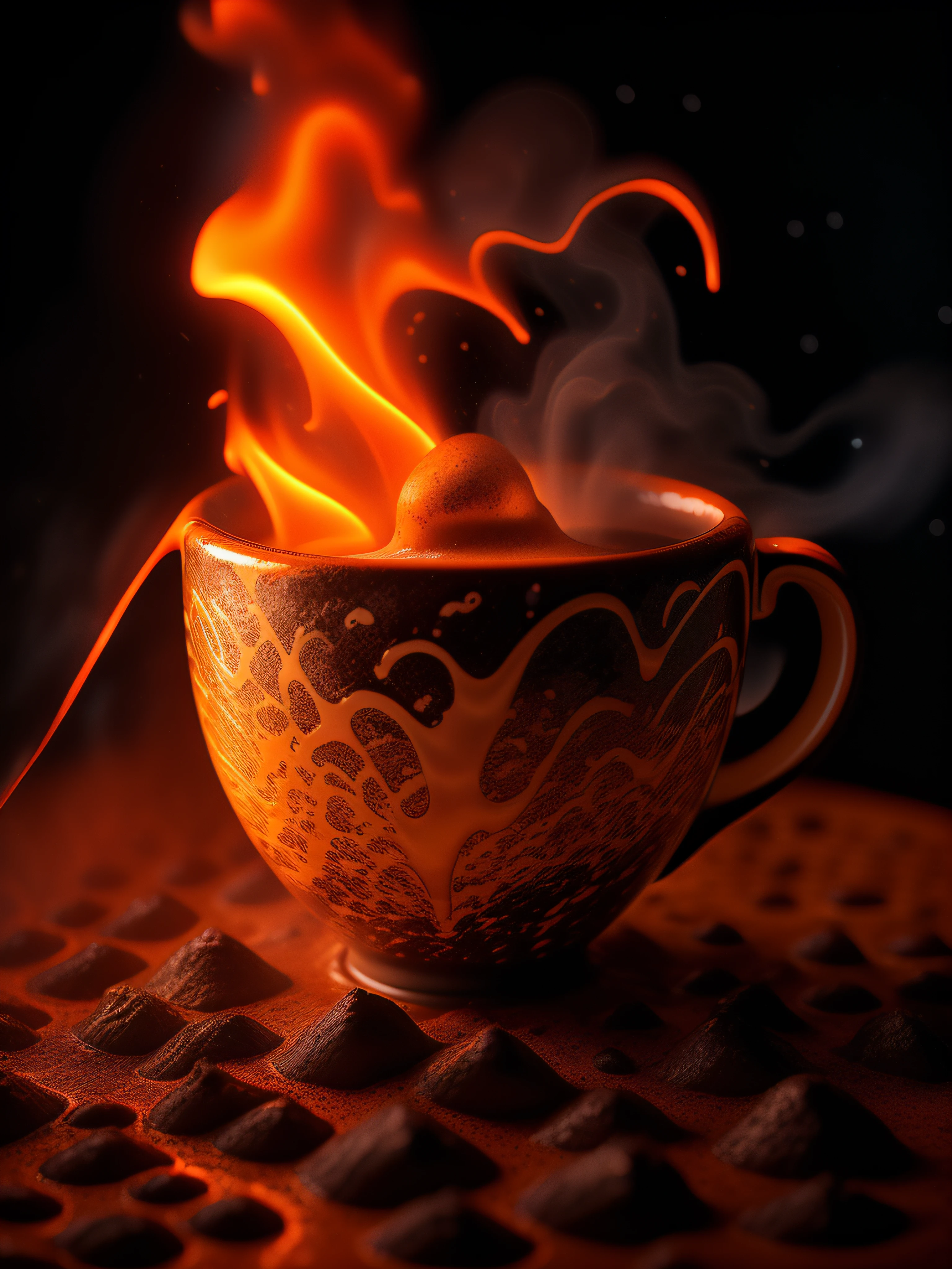 Volcano Coffee cup, latte art of maximal coffee, violently erupting out of kintsugi black lava rock coffee cups, rims glowing hot, molten red coffee lava splashing and overflowing out of the cup, volumetric dust particles, exploding lava, steam, floating celestial, bokeh, night, moonlight, moonbeams, surreal, magic dust