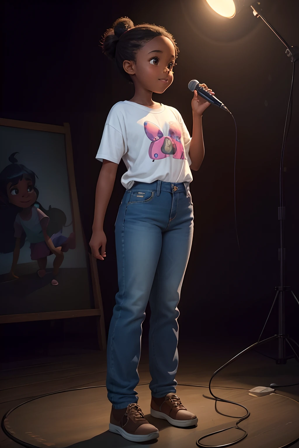 a  with pulando standing in front of a microphone, disney animation, brown skin like soil, cold studio lighting, evokes feelings of joy, beautiful artist rendering, as a pixar character, kawai, vestindo calça jeans, inspired by Sheila McClean, artist unknown, cherubic, by Charles Fremont Conner