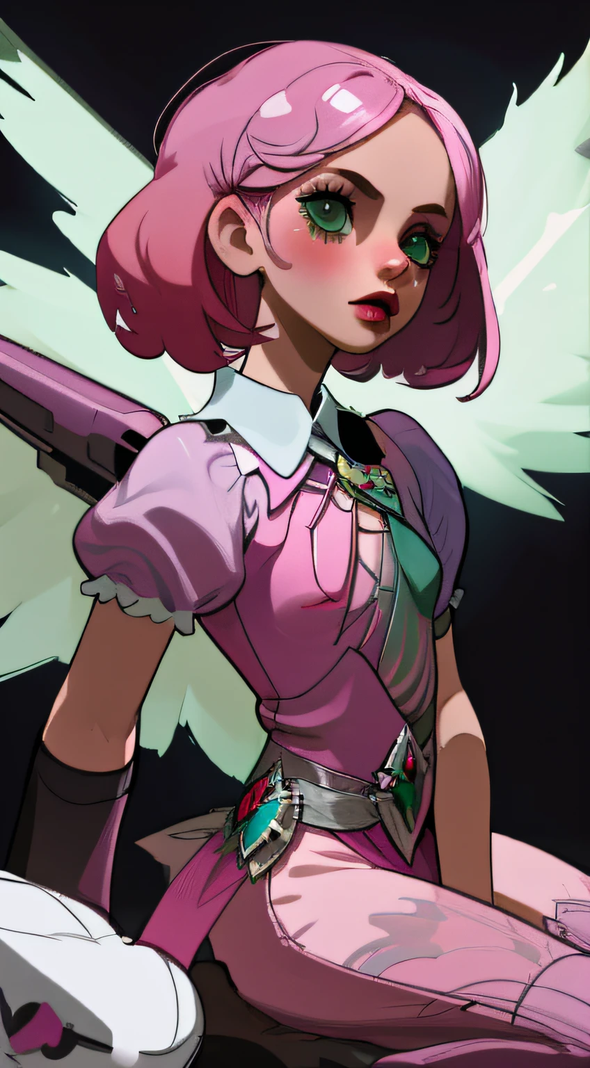 Alisa bosconovitch, melhor qualidade, contemporary, estilo plano, minimalismo, Green Eyes Flat Illustration, cabelo rosa, cabelo curto, cabelos multicoloridos, Camisa Preta, mechanical wings, Head Portrait Close-U, peito pontudo, decote, super decote, middlebreasts, Tekken,cabelo rosa pastel, 1girl, em quimono, hand-painted,Desenho de linha sem cor, colorida do yandere pastel, Tekken, Super cute pink hair girl with gothic makeup on the side, com roupa de empregada,figura esbelta,robusto,He sat on the floor,Vestido com roupas de empregada rosa e branco,cabelos muito curtos,com orelhas de gato,quadratic element,, kawaii cor-de-rosa na roupa da era de 1910, Alisa Bosconovich pink lips, no estilo da paleta de cores suave aurorapunk, an anime illustration of his face, gifs animados, hand drawn animation, charming sketches, suave e brilhante, romantismo nebuloso, Estilo Superflat, fundo branco - ar 1:1 - niji 5 - estilo expressivo --s 50 ,Pink kawaii girl in the era of 1920s clothesPink eagles, vestindo uma camisa branca brilhante, no estilo da paleta de cores suave aurorapunk, an anime illustration of his face, gifs animados, hand drawn animation, charming sketches, suave e brilhante, romantismo nebuloso, Estilo Superflat, fundo branco - ar 1:1 - niji 5 - estilo expressivo --s 50, Absurdo, Alto, ultra detalhados, (1girl:1.3), quebrar , Crie uma imagem com uma bela caligrafia