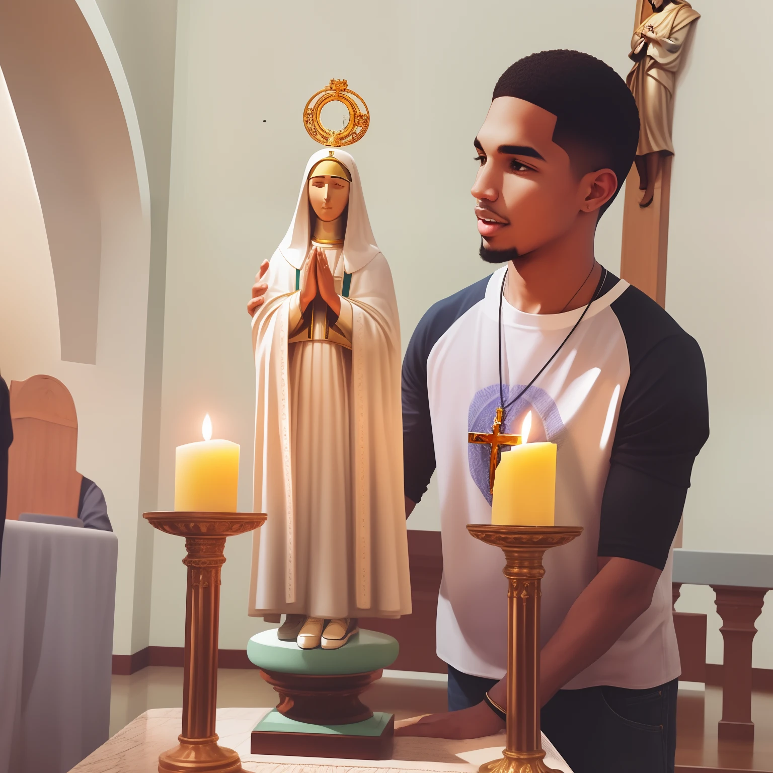 Arafed man standing in front of a statue of the Virgin Mary, Directed by: Jakob Gauermann, em frente ao altar, Directed by: Daniel Lieske, no altar, mary in a sanctuary, na igreja, Com o Jesus, Na Igreja Ortodoxa, premiados, Directed by: Judith Gutierrez, Catholic, jayson tatum as mother mary, praying, beautiful man
