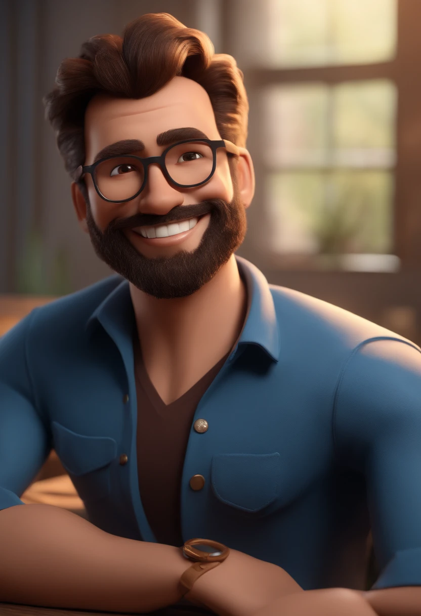 Cartoon character of a man with navy blue prescription glasses, fair skin, medium size brown beard, short modern hair arranged to the side of dark brown color and a blue shirt written agronomy at pocket length next to a smiling hair and a goat also smiling with animation character, Caractere estilizado, animation style rendering, 3D estilizado, Arnold Maya render, 3 d render stylized, toon render keyshot, Personagem 3D, Personagem 3D, 3d rendering stylized, 3 d character render, personagem de desenho animado, Personagem de close up, Pose de personagem, (Estilo Pixar) (master part:1.2) (Bokeh) (best quality) (pele detalhada) (textura detalhada) (8k) (argila) (Cinematic lighting) (foco nítido