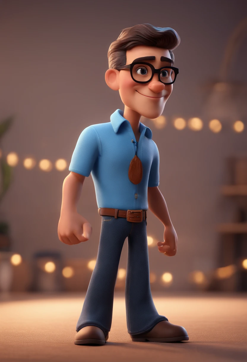 Cartoon character of a man with black glasses and a blue shirt, animation character, Caractere estilizado, animation style rendering, 3D estilizado, Arnold Maya render, 3 d render stylized, toon render keyshot, Personagem 3D, Personagem 3D, 3d rendering stylized, 3 d character render, personagem de desenho animado, Personagem de close up, Pose de personagem,  (Estilo Pixar) (master part:1.2) (Bokeh) (best quality) (pele detalhada) (textura detalhada) (8k) (argila) (Cinematic lighting) (foco nítido
