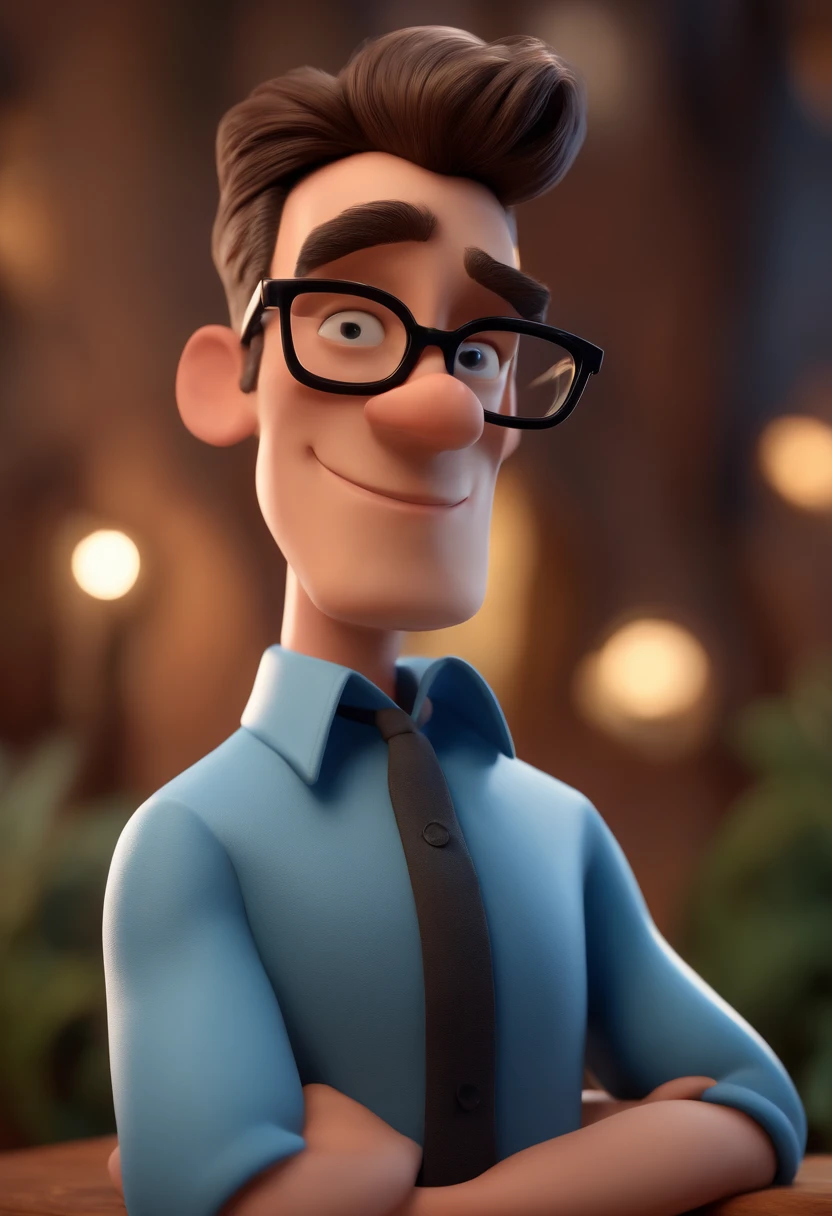 Cartoon character of a man with black glasses and a blue shirt, animation character, Caractere estilizado, animation style rendering, 3D estilizado, Arnold Maya render, 3 d render stylized, toon render keyshot, Personagem 3D, Personagem 3D, 3d rendering stylized, 3 d character render, personagem de desenho animado, Personagem de close up, Pose de personagem,  (Estilo Pixar) (master part:1.2) (Bokeh) (best quality) (pele detalhada) (textura detalhada) (8k) (argila) (Cinematic lighting) (foco nítido