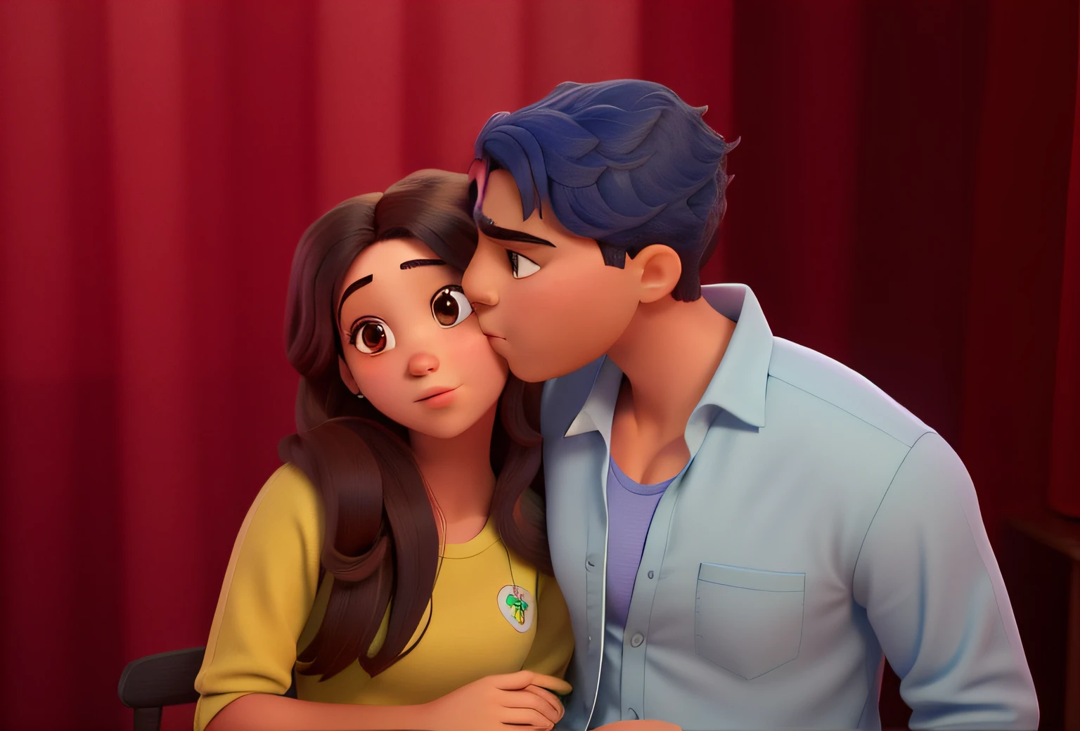 Uma casal com uma cortina atras vermelha composto por uma menina morena de olhos puxados usando um vestido rosa e um menino de blusa social azul beijando a bochecha da menina